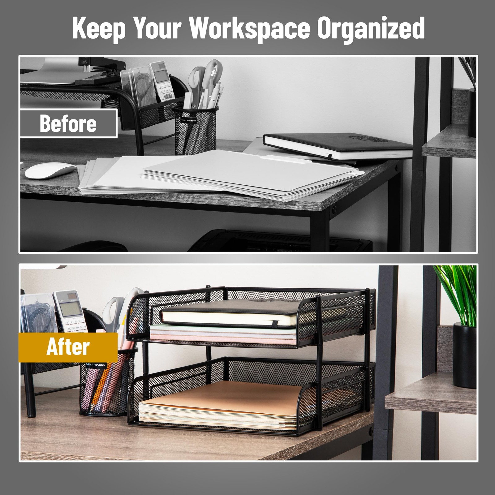 Black 2-Tier Stackable Paper Tray, Metal Mesh Organizer, 10.5×13.25in