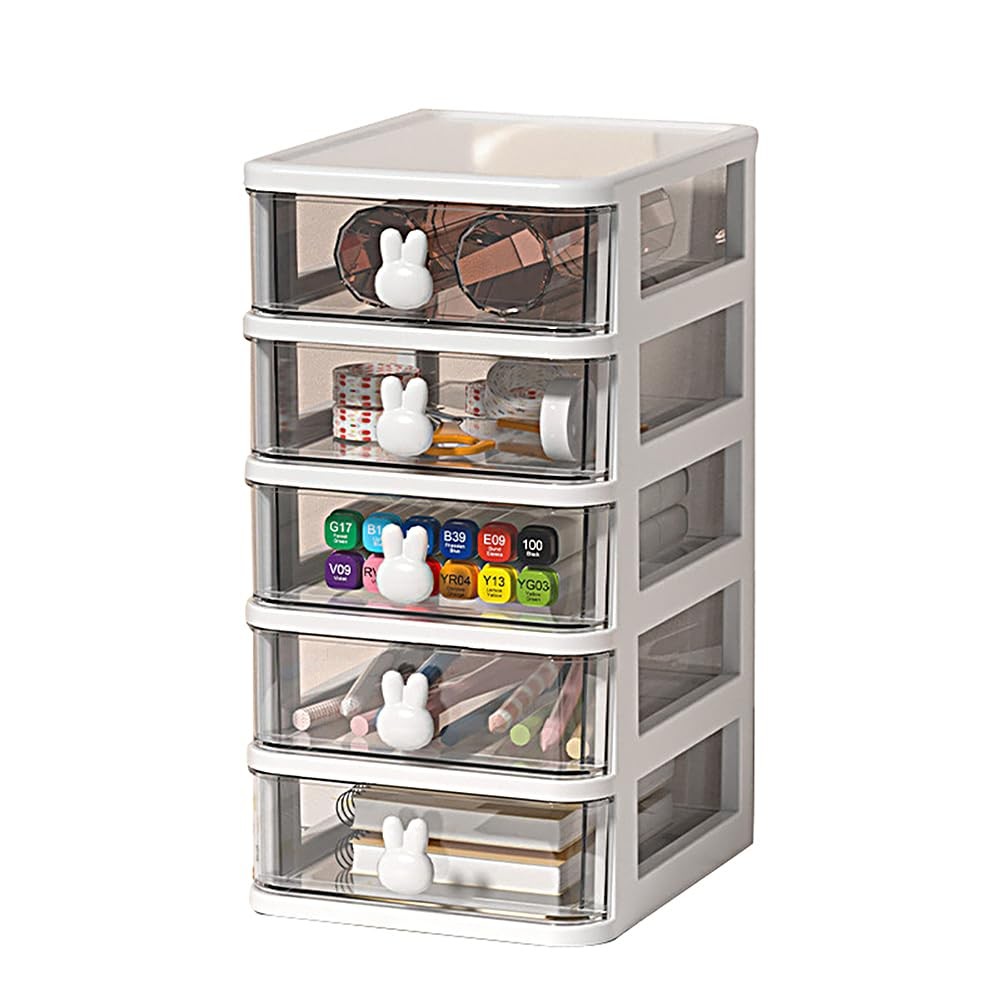 Glomora 5-Tier Desk Storage Box, Transparent Plastic Organizer #414, White
