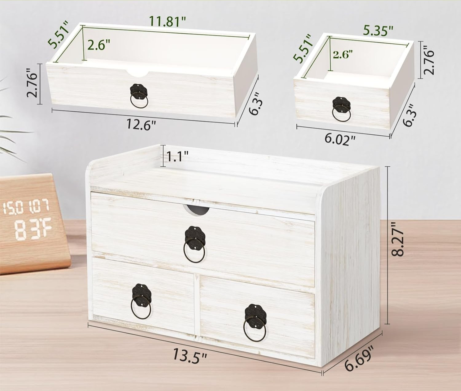 SeekElegant Wooden Desktop Organizer w/ Drawers, White Washed NEW (49B)