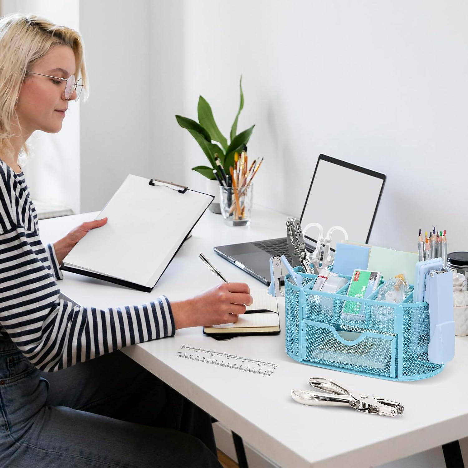 17 in 1 Blue Desk Organizers and Accessories Set, 3 Office Desk Supplies Storage