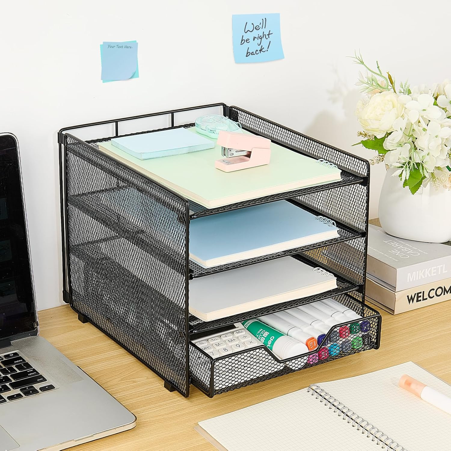 Desk Organizers and Accessories, 4-Tier Desktop File Organizer with Drawer, Offi