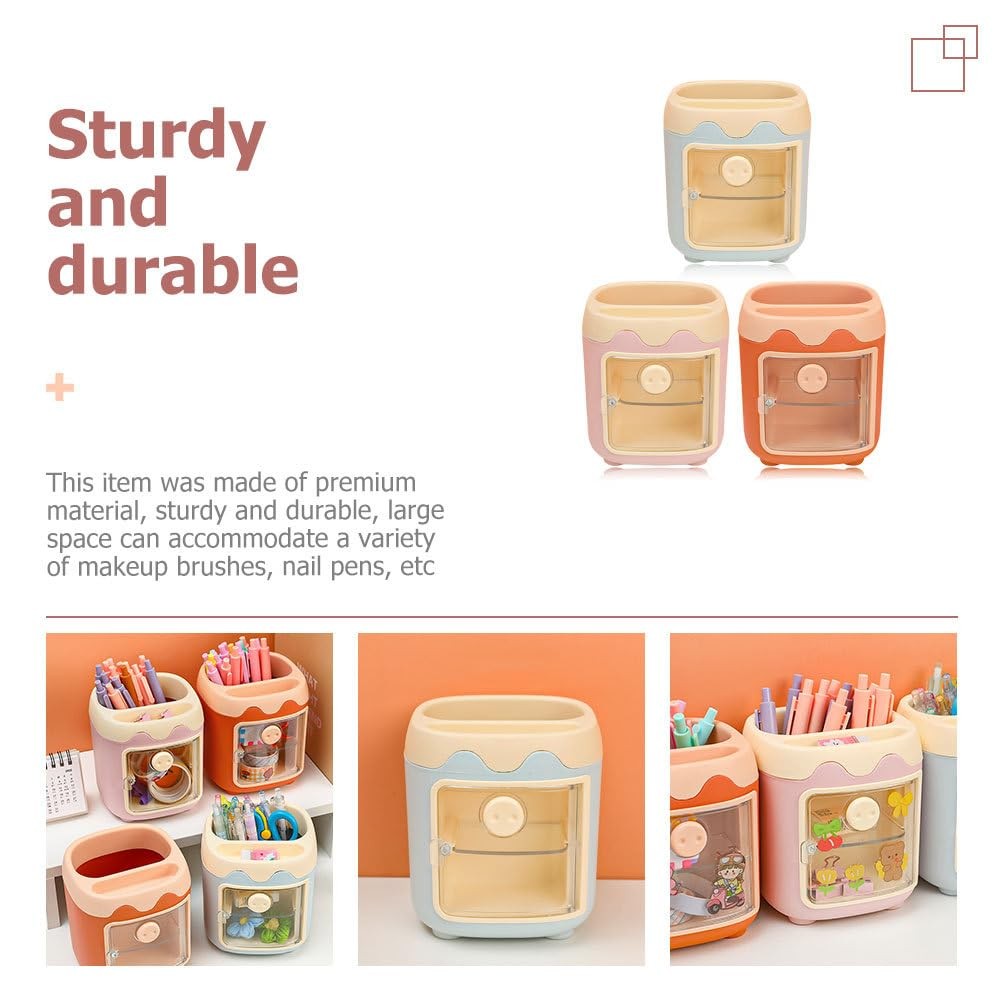 3Pcs Cute Cartoon Pig Pen Holder, Multi-Grid Desk Organizer with Drawer,…