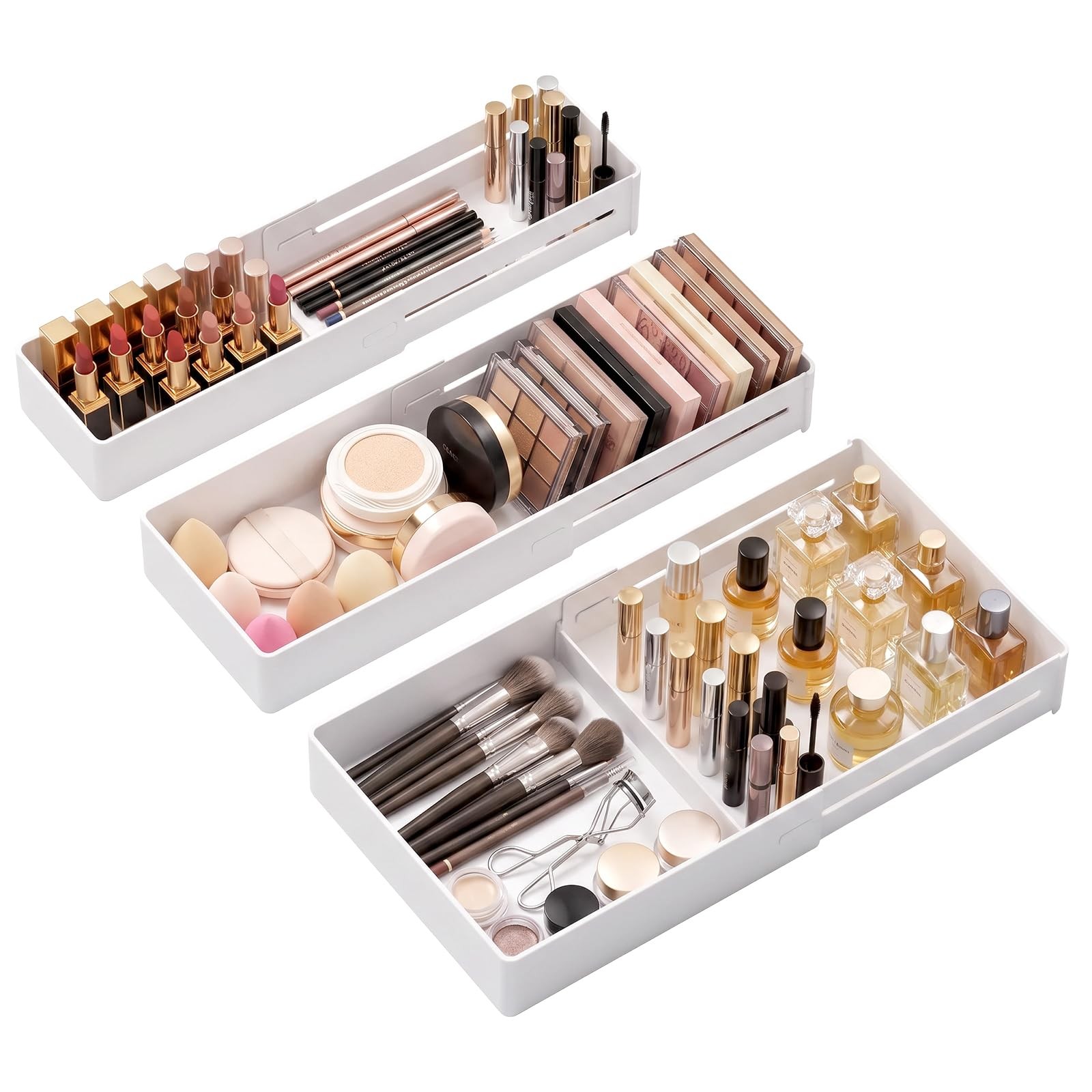 3-Pack Expandable Makeup Drawer Organizer, L/M/S
