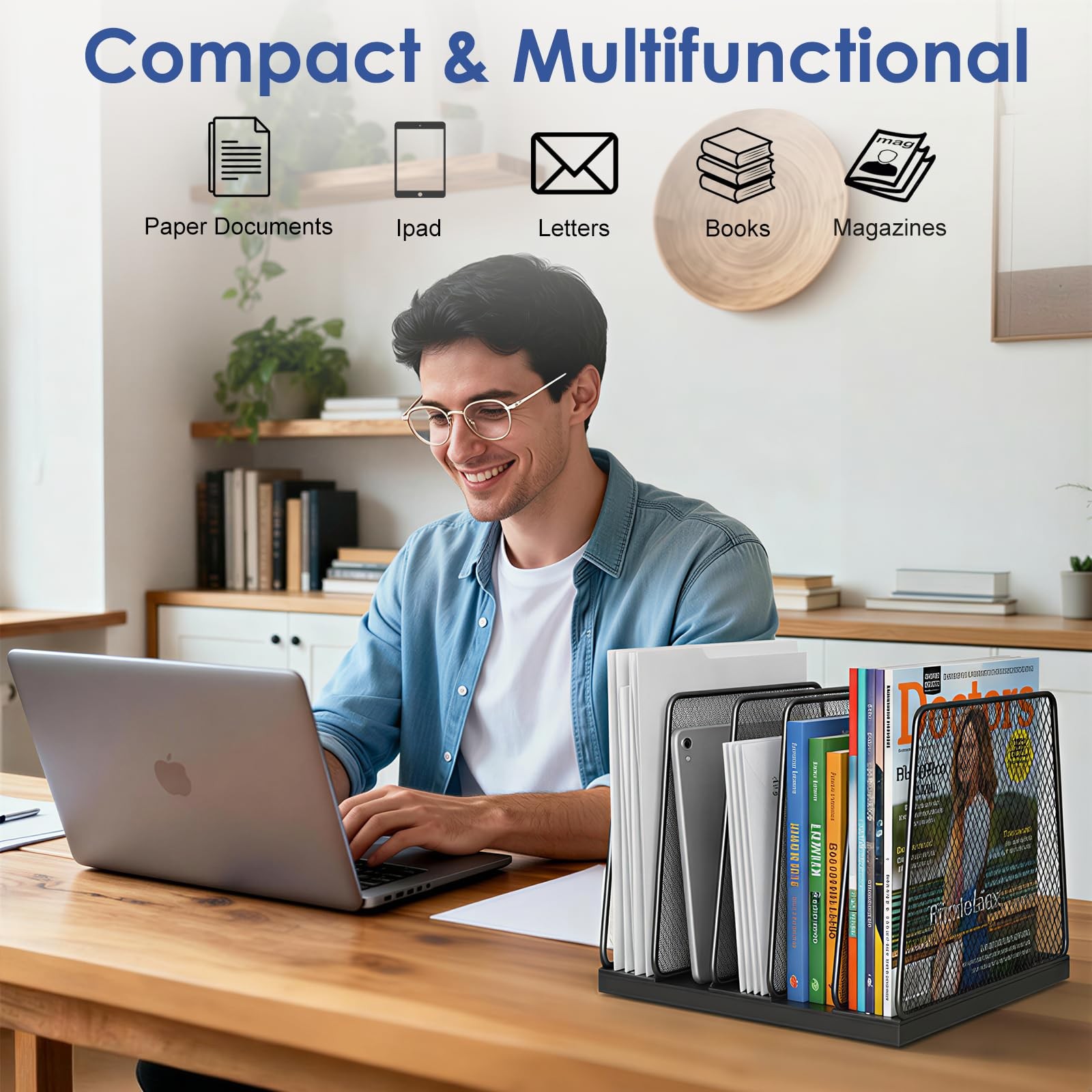 5-Section File Organizer for Desk, Wood Mesh Desktop File Organizer, File Sor…