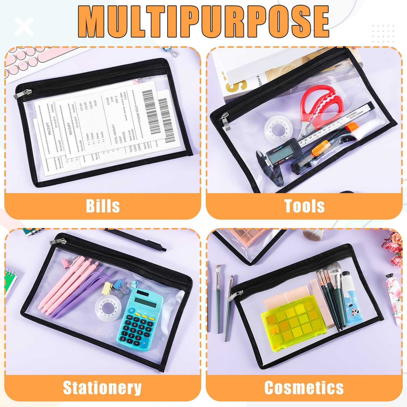 12 PCS Clear Zipper Pouches Black Edging Document File Bags 13×10.5 Inch