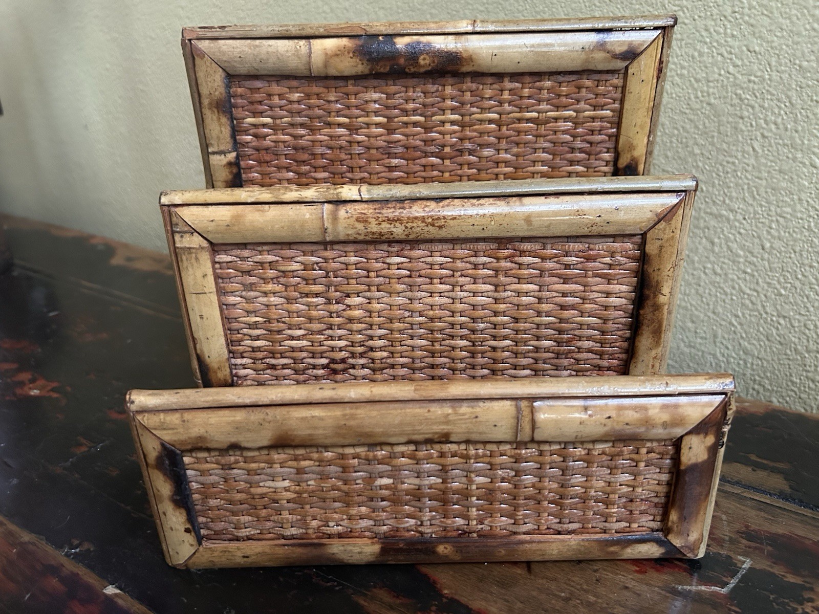 Vintage Coastal Boho Rattan Bamboo Letter Holder Desk Organizer