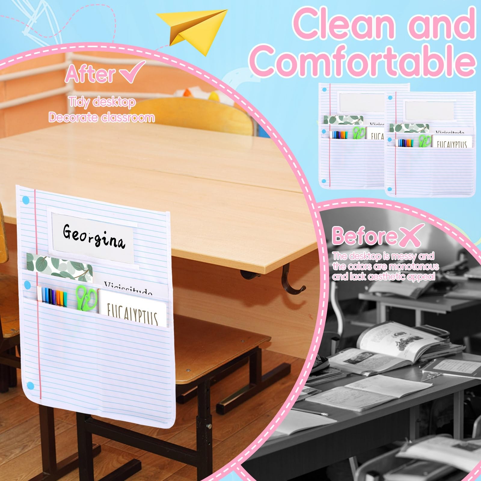 24Pcs Notebook Chair Pockets for Classroom Notebook Chair Back Buddy Pocket w…