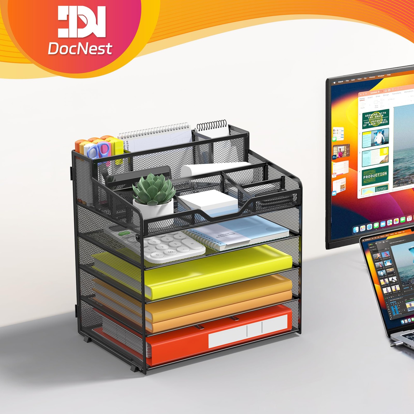 5 Tier Mesh Desk Organizer for Paper Office Supplies – Multi-Functional Lette…