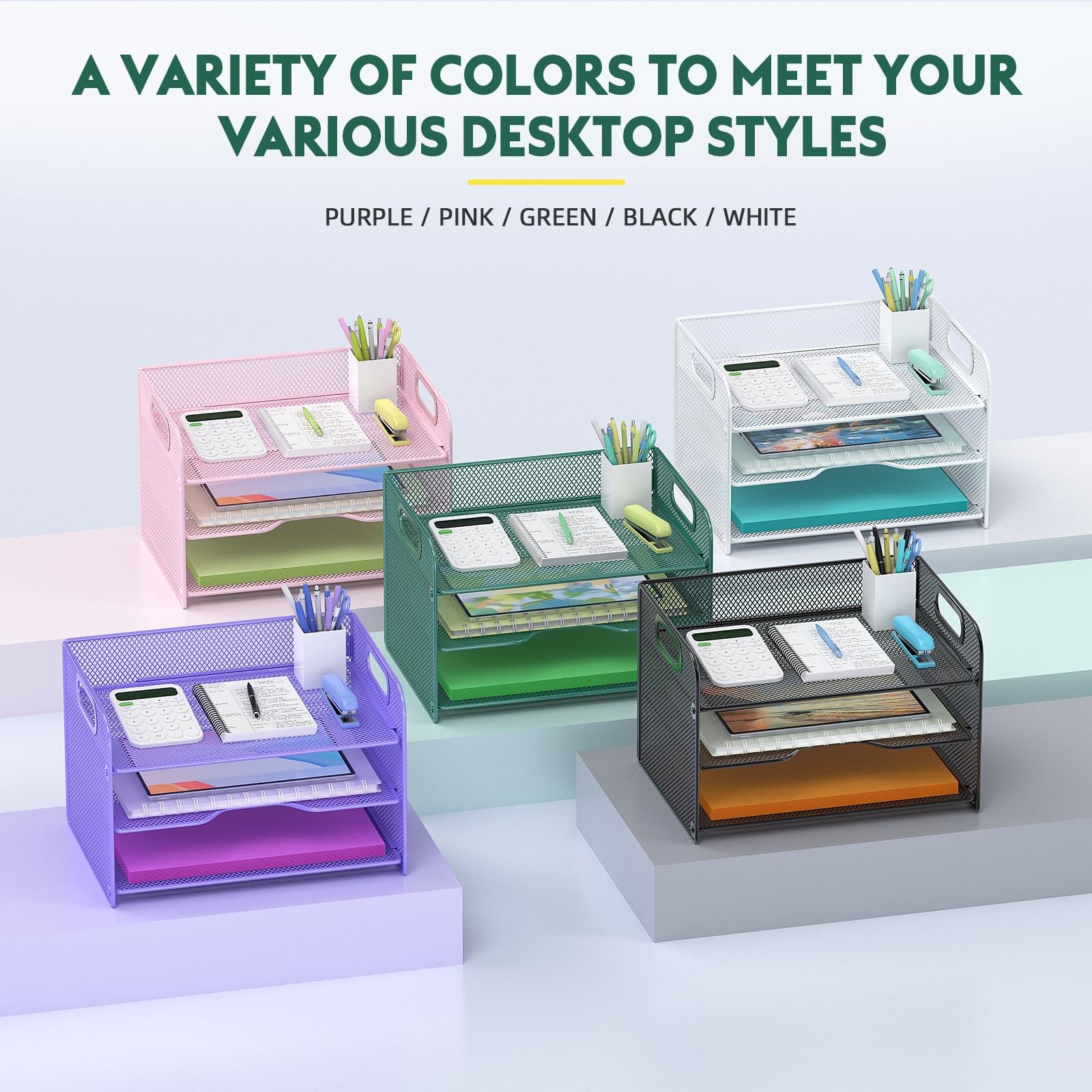 Green 3~Tier Mesh Desk Organizer Letter Tray with Handle