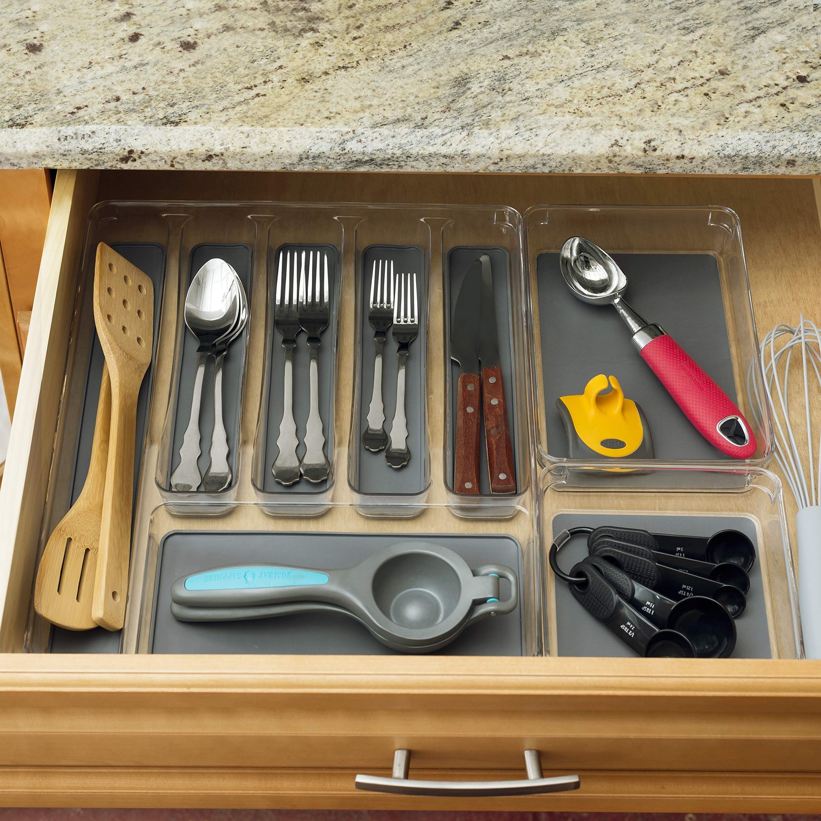 Clear Plastic Drawer Organizer with Grey Rubber Bottom by One Size,