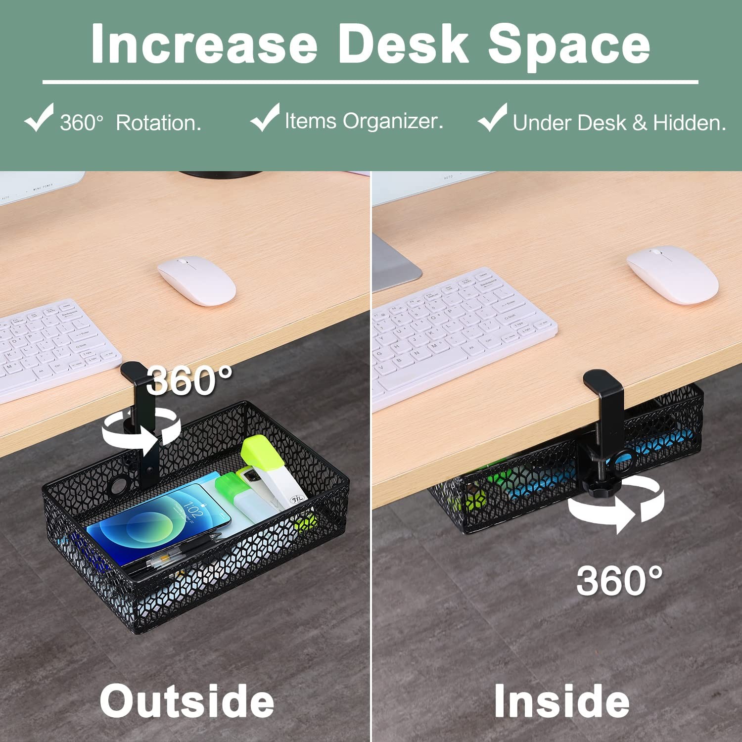 Black Under Desk Drawer Organizer, Clamp on, Hanging Storage Basket, Mount