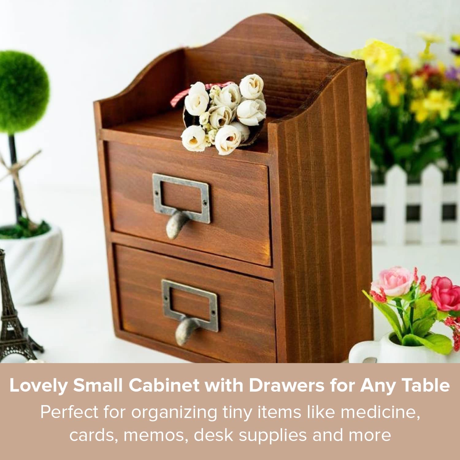 Mini Vintage 2 Drawer Desktop Organizer – Rustic Card Catalog 2 Drawer, Brown