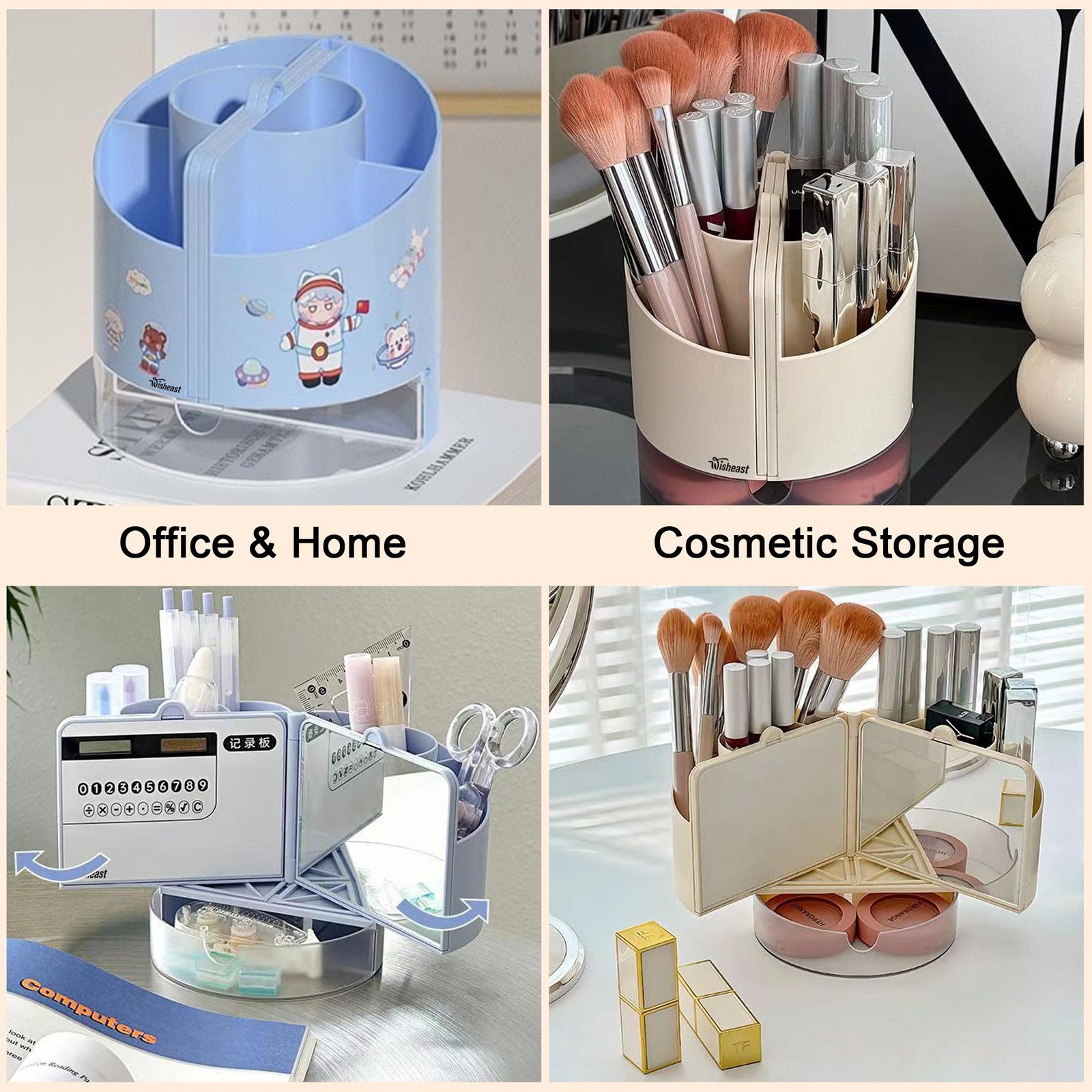 WISHEAST Desk Pencil Pen Holder with Calculator, Mirror, 7 Slots 180° Blue