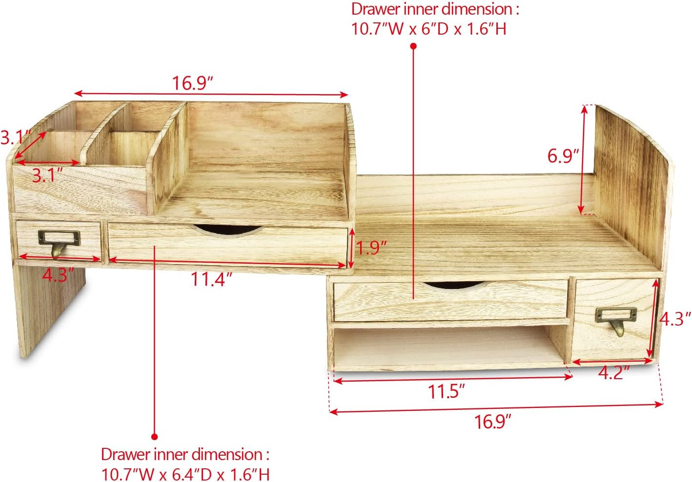 Large Extendable Wooden Desktop Organizer for Office Supplies, Storage Shelf Rac