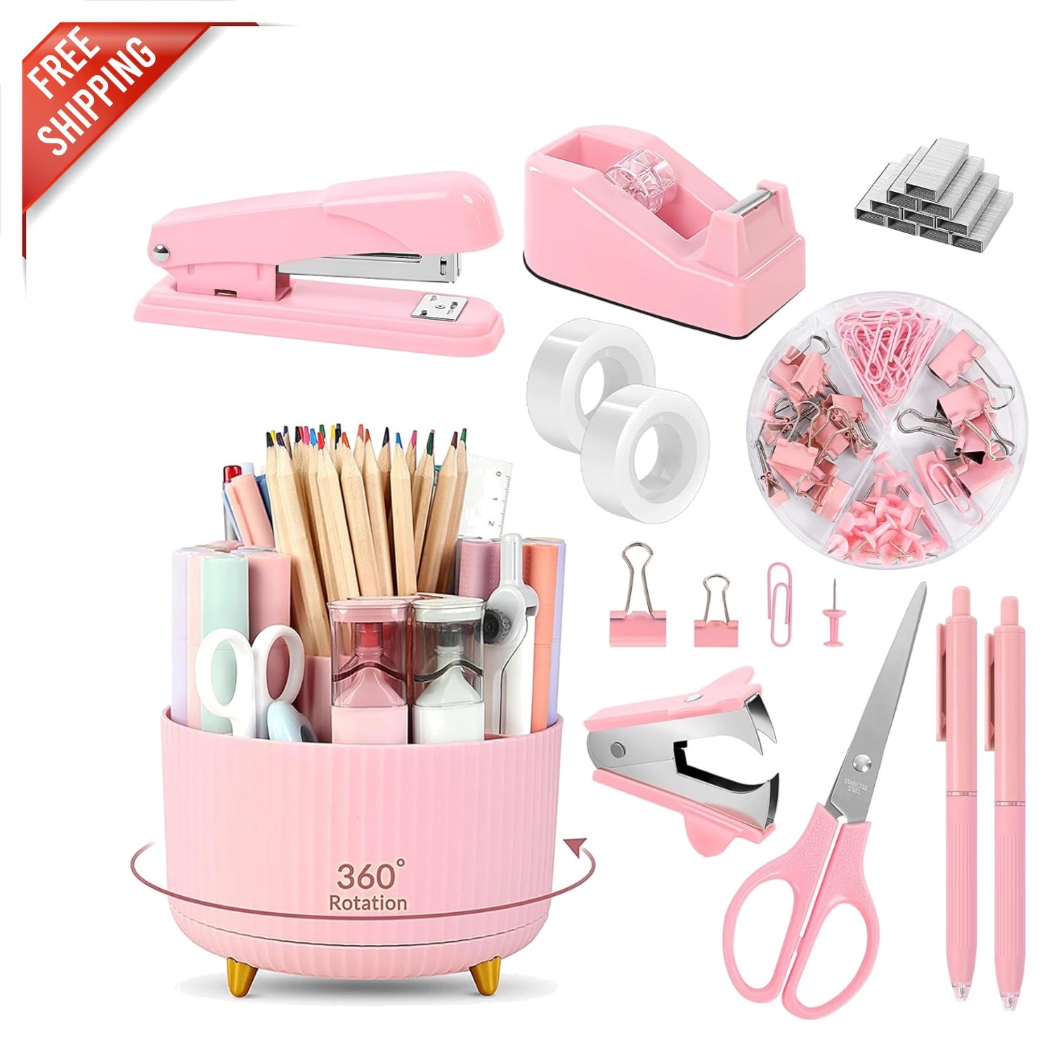 Versatile 10-Pc Pink Office Supplies: Stylish Rotating Holder, Stapler & More