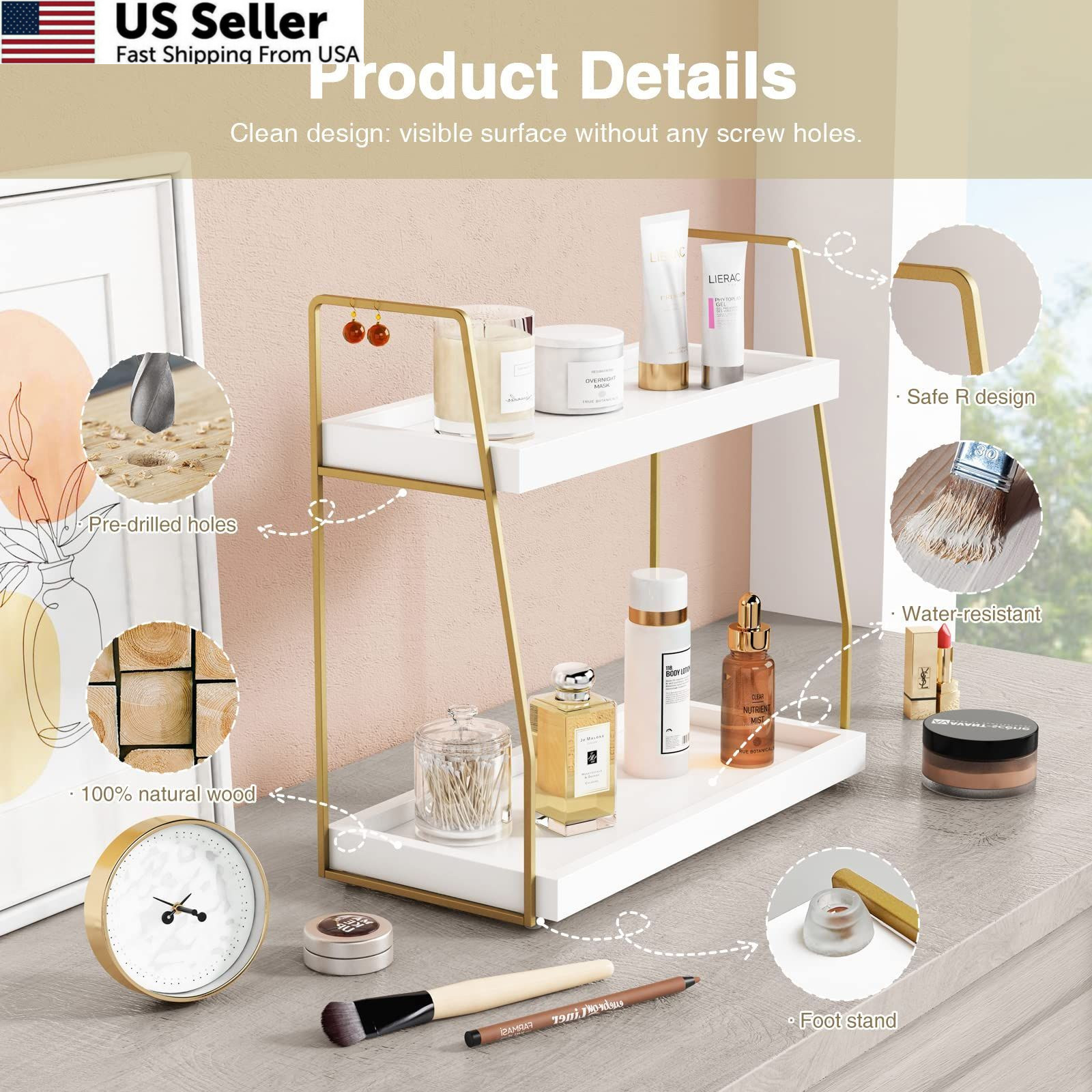 Forbena Bathroom Organizer 14.4 inches x 6.7 x 14 inches, White-gold