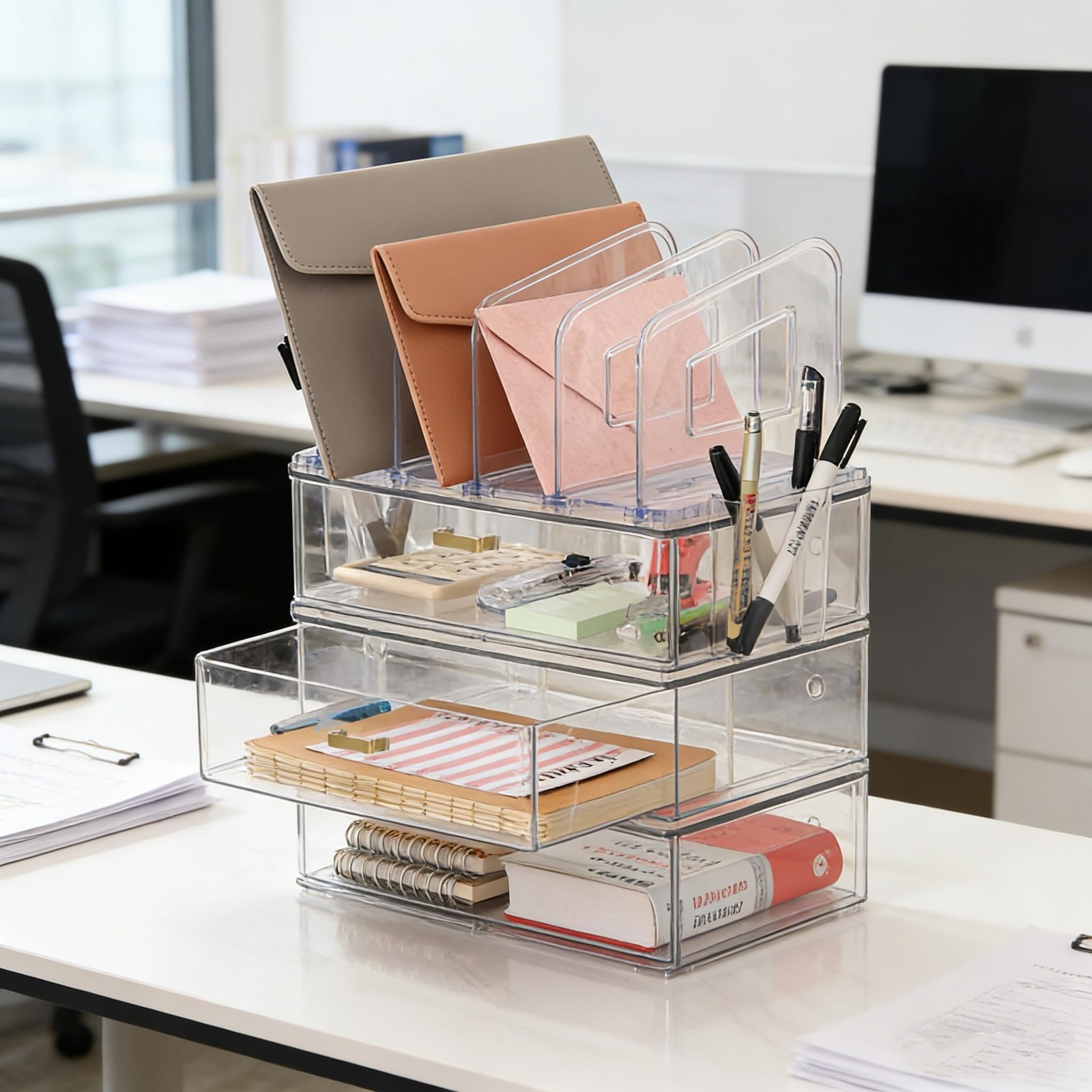 LALOBLUE Acrylic Desk Organizer with 4-Vertical File Holder 3 Layer, Clear