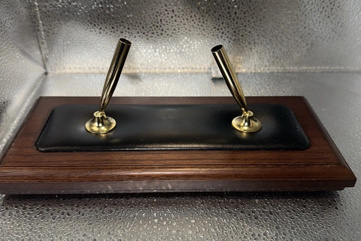 Elegant Walnut & Black Leather Double Pen Stand with Rolling Ball Pen Decor 9.5”