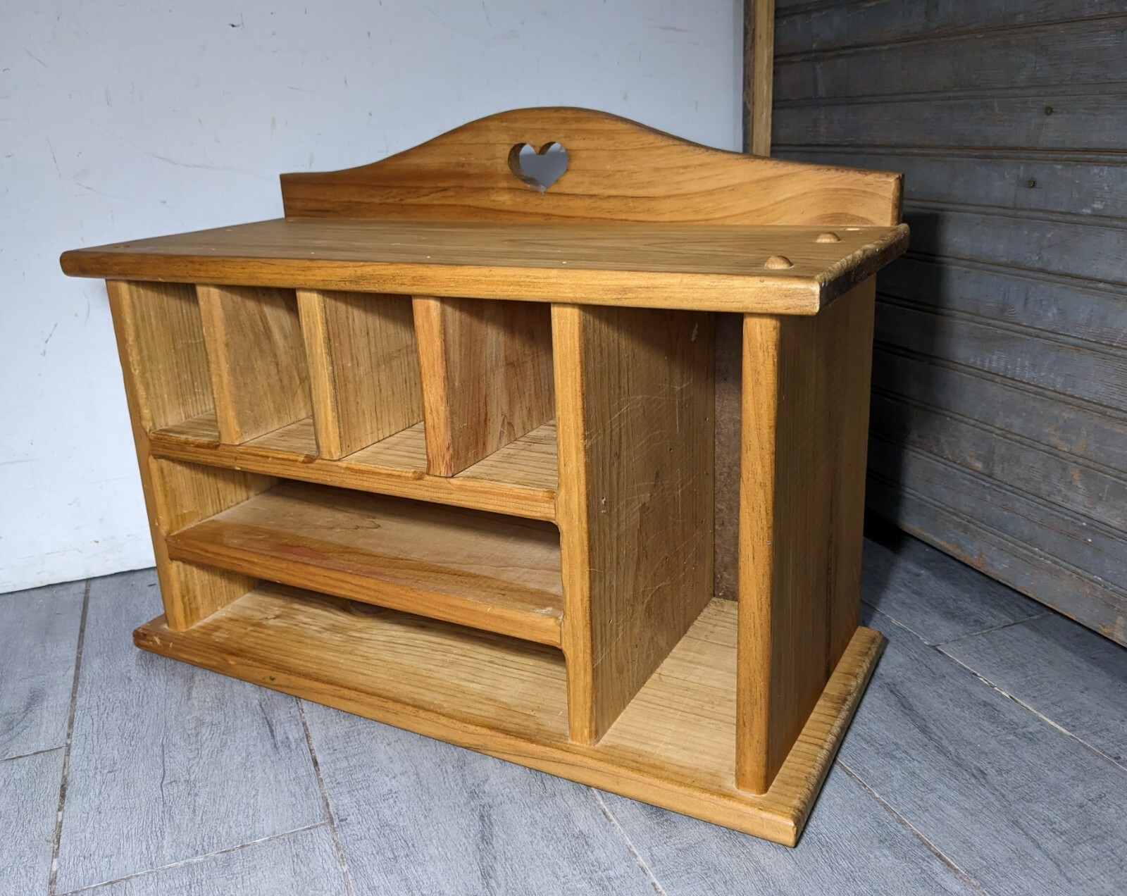 Vintage Rustic Pine Wood Office Desk Letter Holder Mail Organizer Cabinet
