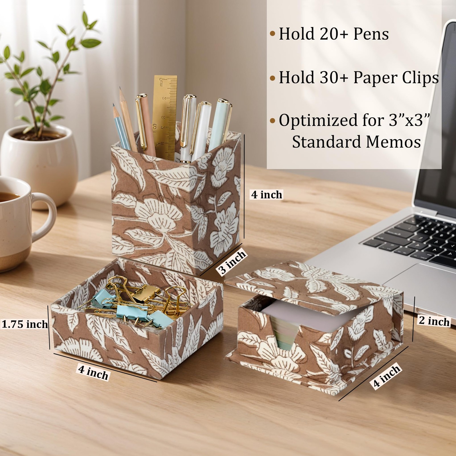 Oak Brown Block Print Handmade Office Desk Organizer Pen and Sticky Note Hold…