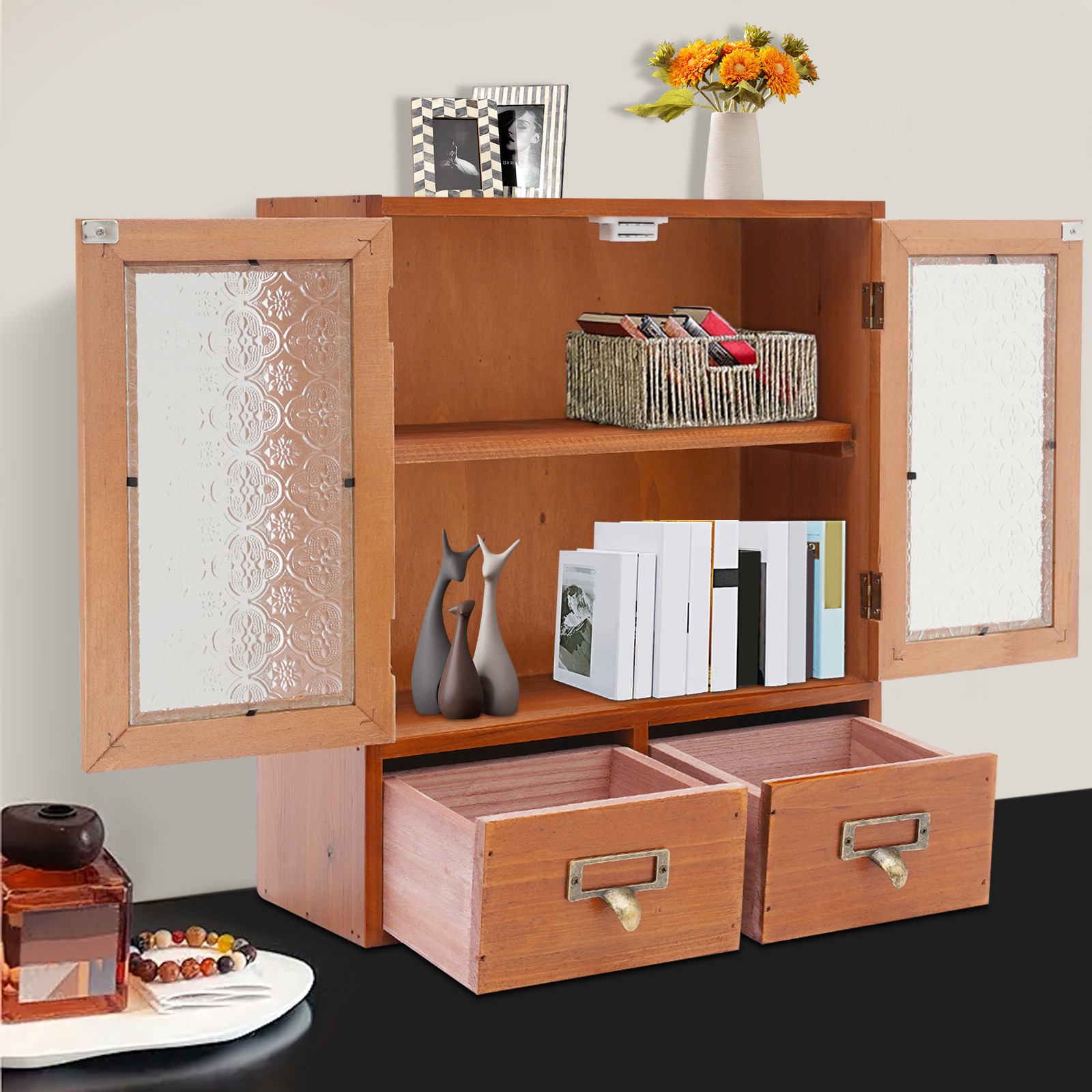 Vintage Tabletop Organizer with 2 Drawers & Glass Door Storage Cabinet Brown