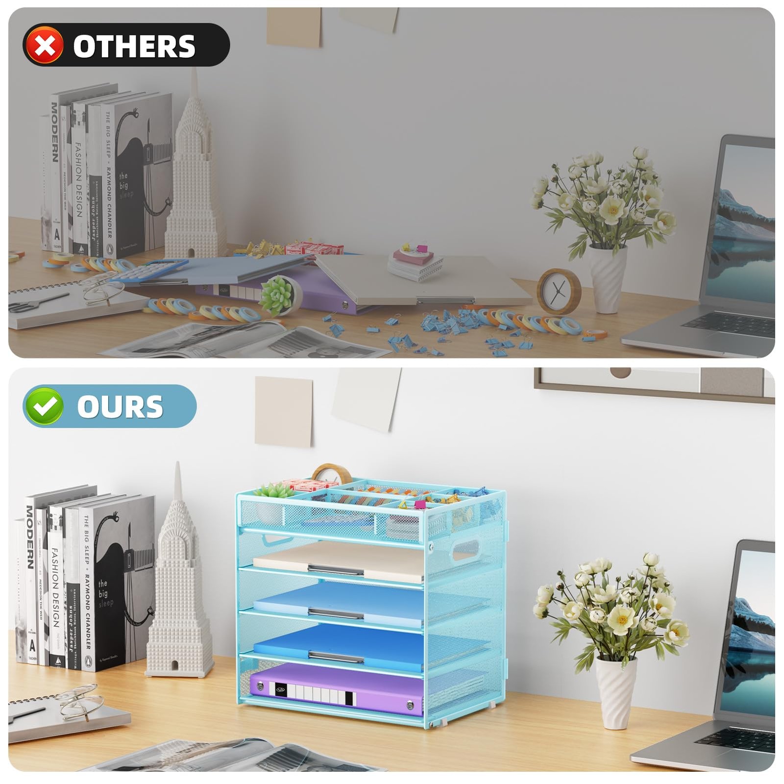 5 Tier Paper Organizer Letter Tray, Mesh Desk File Organizer with Handle, Pap…