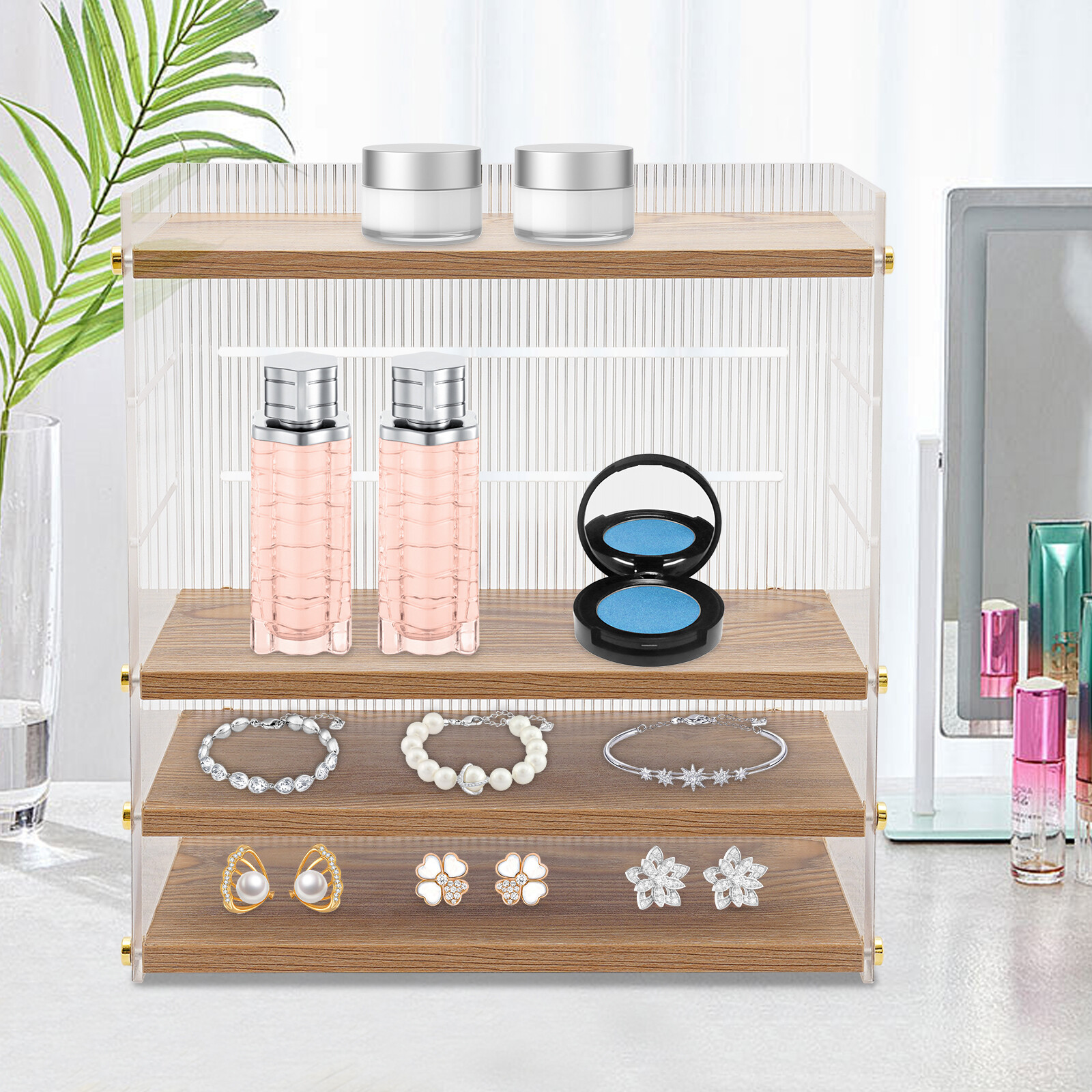 4 Tier Desk Organizer, Desktop Storage Cabinet, Storage Box Wood, Clear New