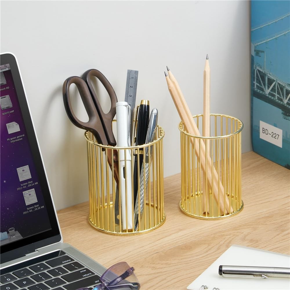 Pen Cup Holder 2 Pack, Office Desk Organizer For Pencils Brushes, Gold