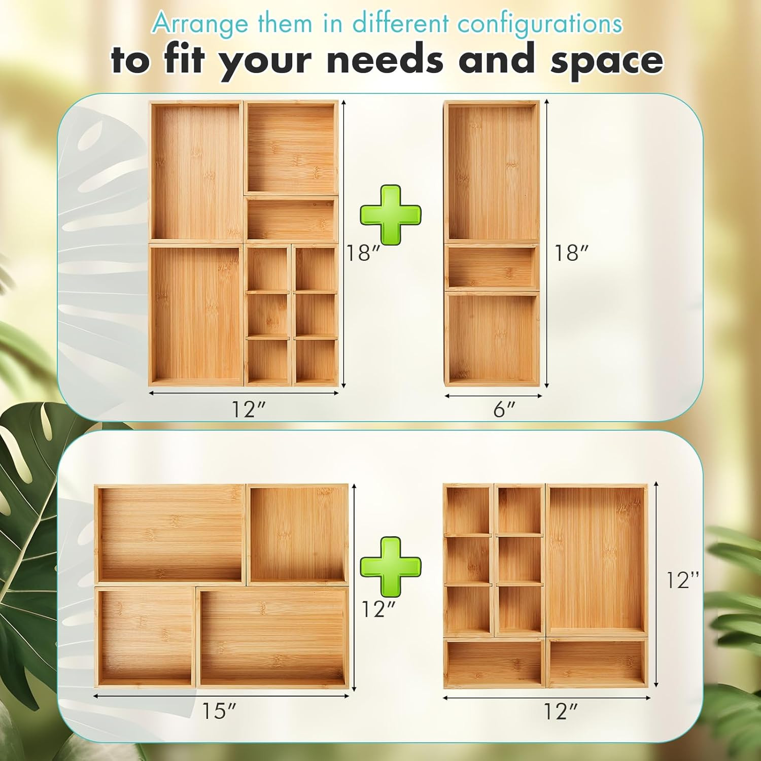Bamboo Drawer Organizer Set of 9 Wood Storage Boxes for Kitchen Desk Bath