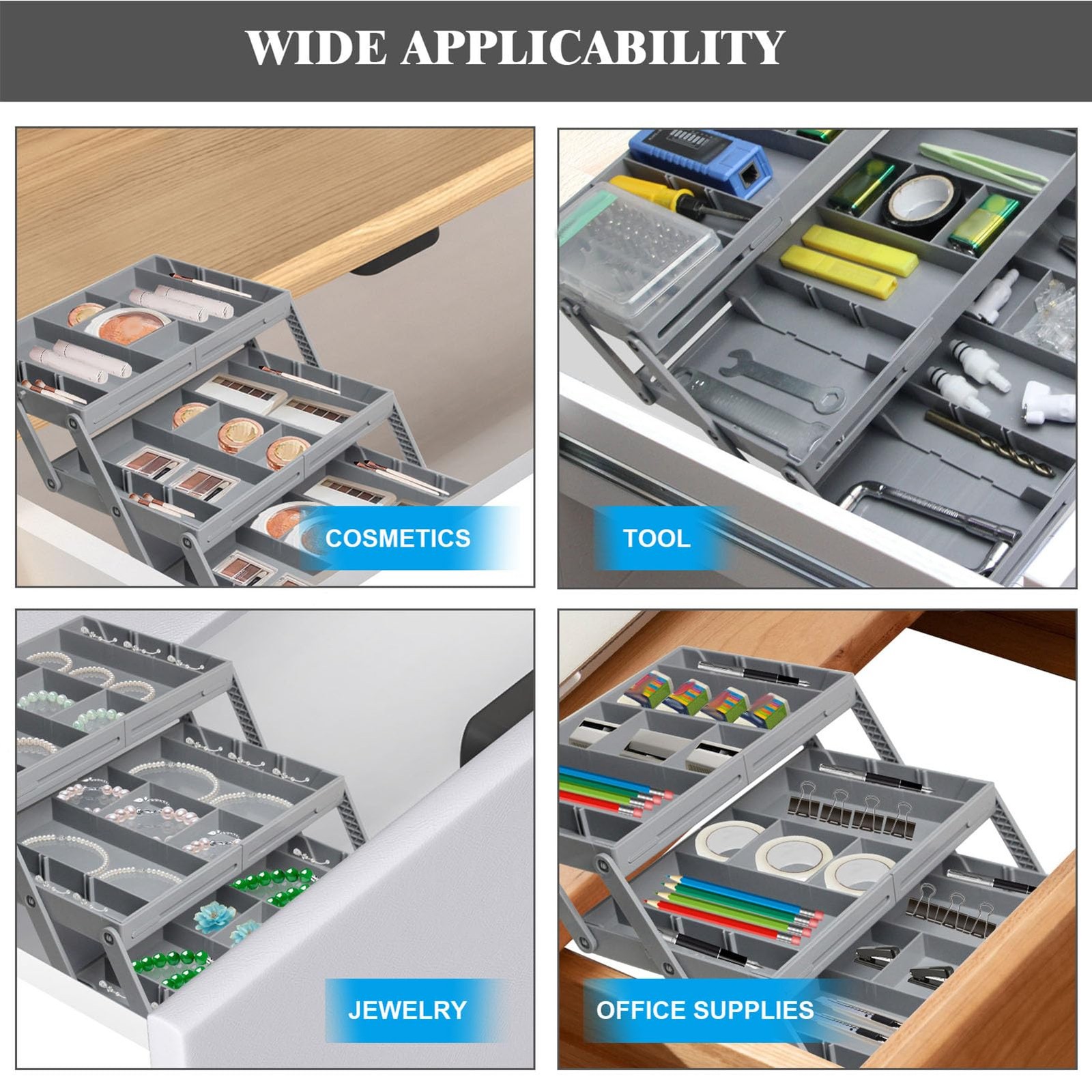 Fockety Drawer Organizer, Multi Level Collapsible 3 Layers, Grey
