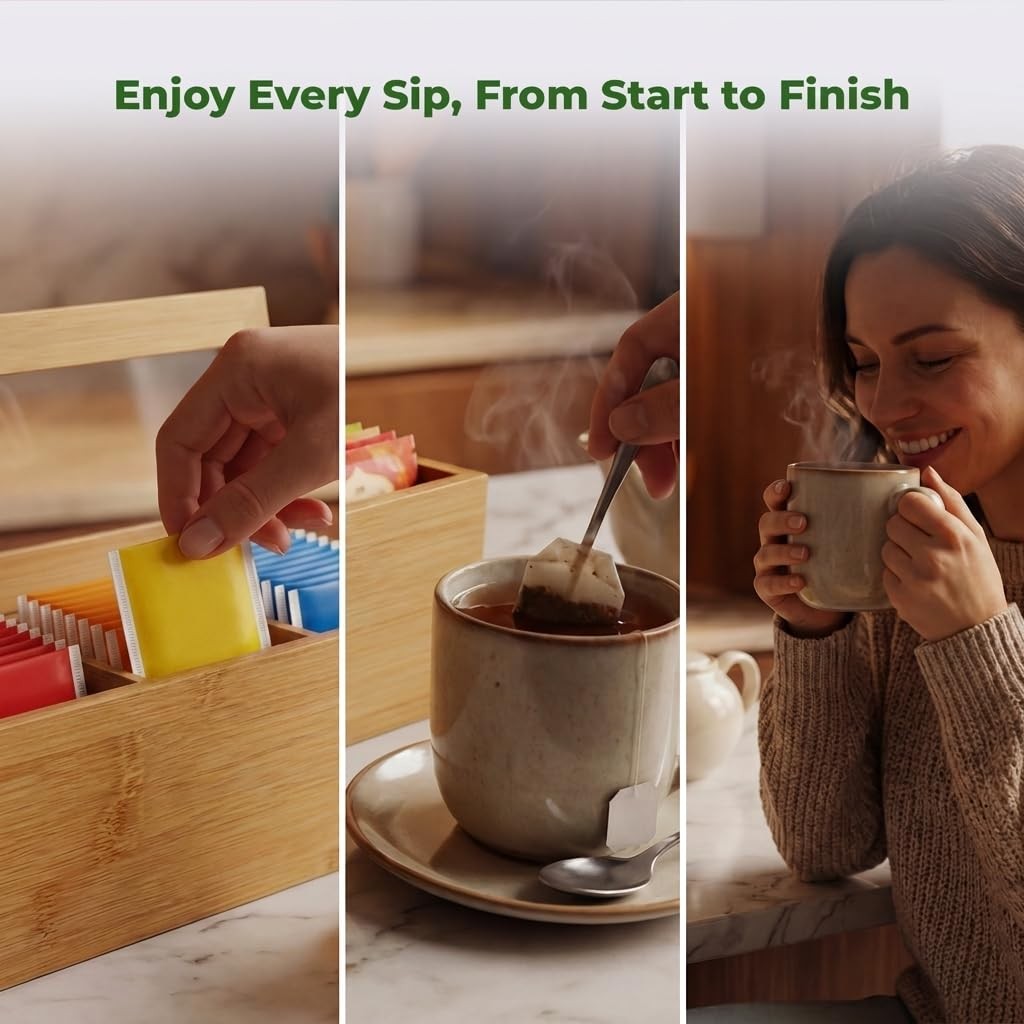 Whotti Tea Bag Organizer – Bamboo Box with Compact, Natural