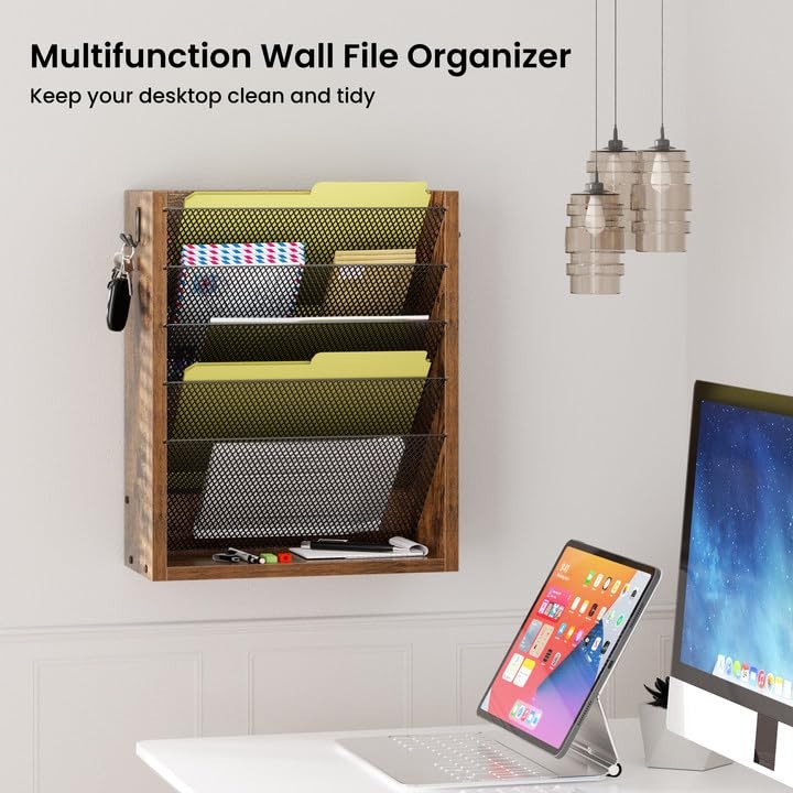 Mail Organizer Wall Mounted, Mail Sorter with 2 Key Hooks, 6-Slot File Organi…