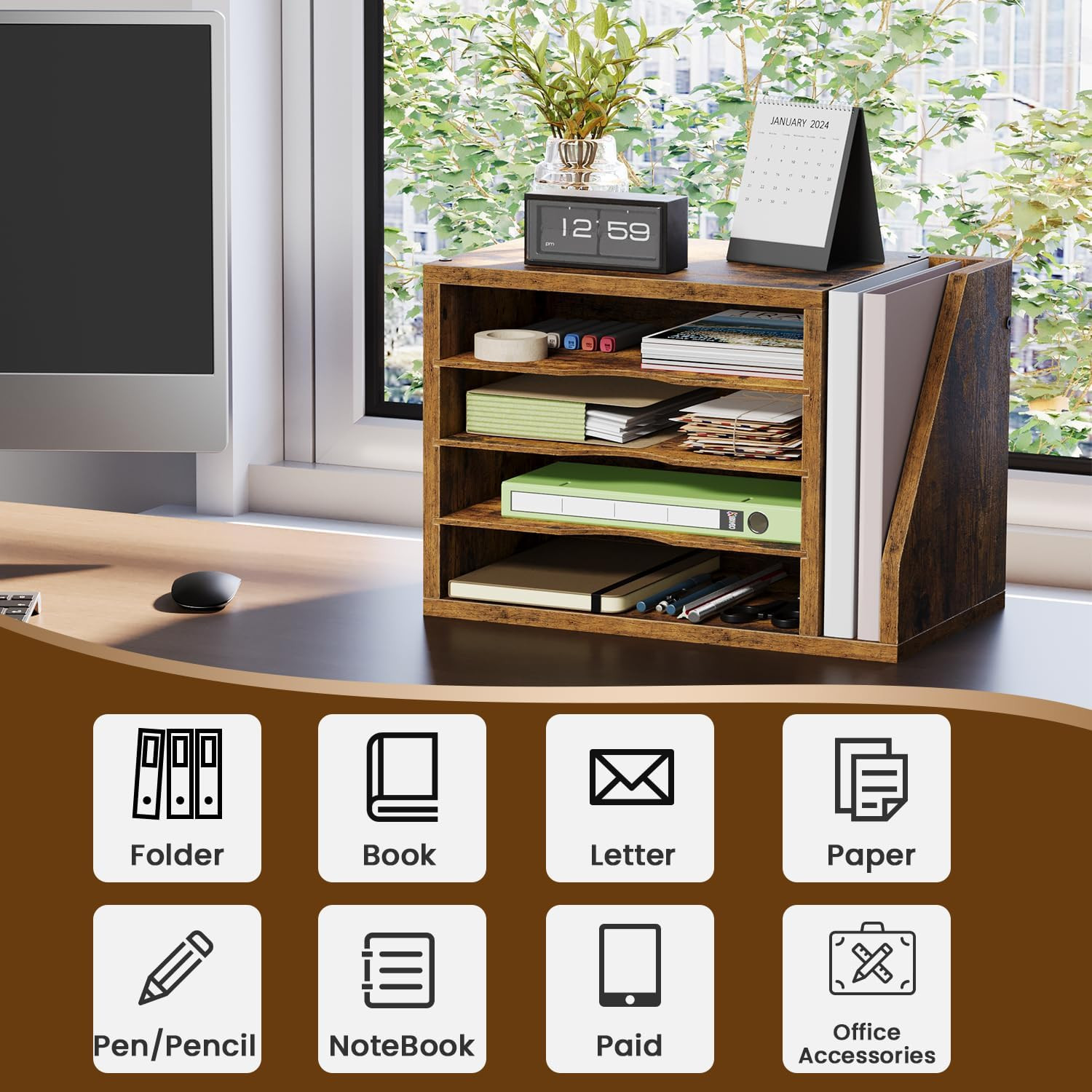 Creso Hom Mail Sorter, File Organizer Desktop, Wood Desk Organizer with 3 Adjust