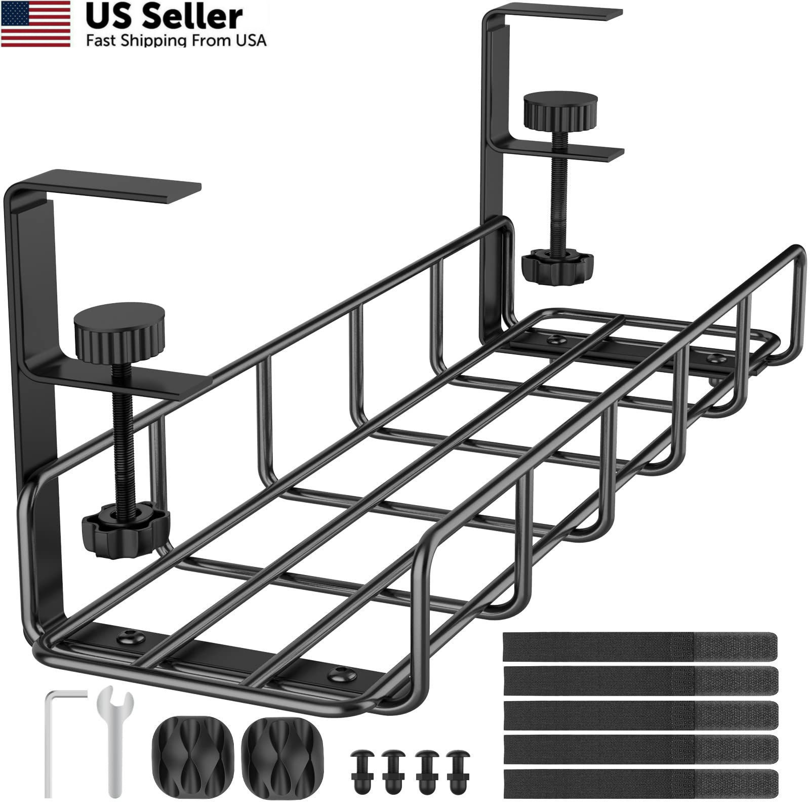 15.7” Under Desk Cable Management Tray, No Drill Steel 1 Pack, Black