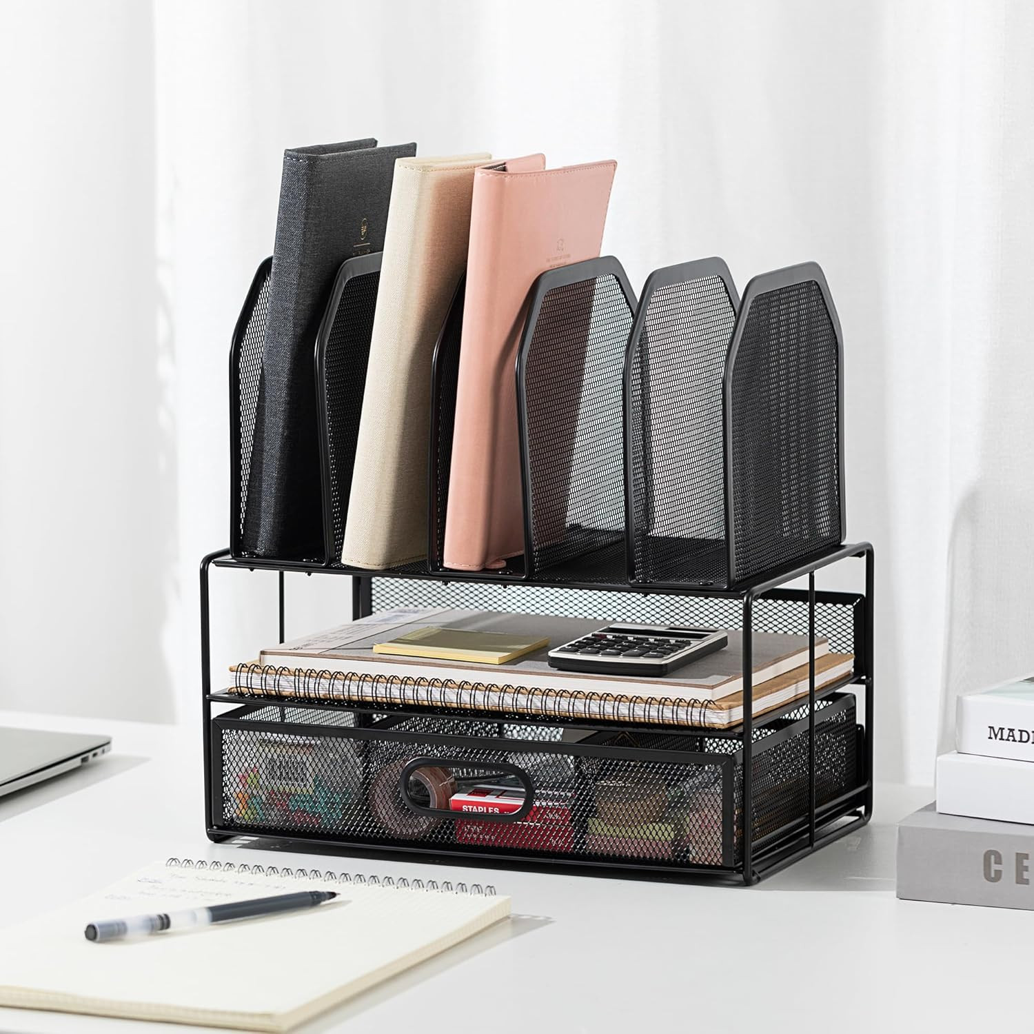 Mesh Desk Organizer with Sliding Drawer, Double Tray and 5 Upright Sections