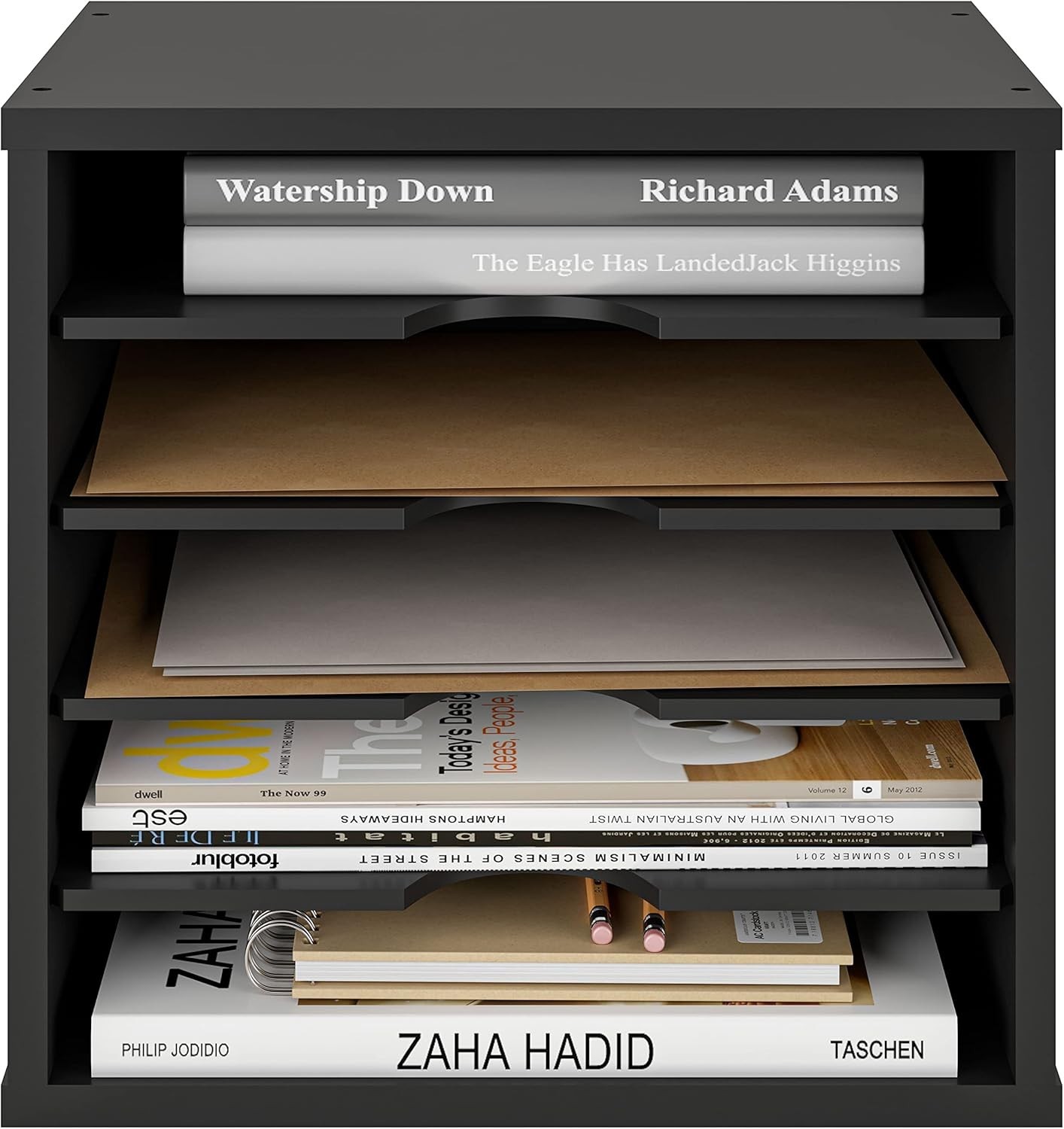 5 Tier Wooden Desk File Organizer Adjustable Paper Tray Mail Sorter Black