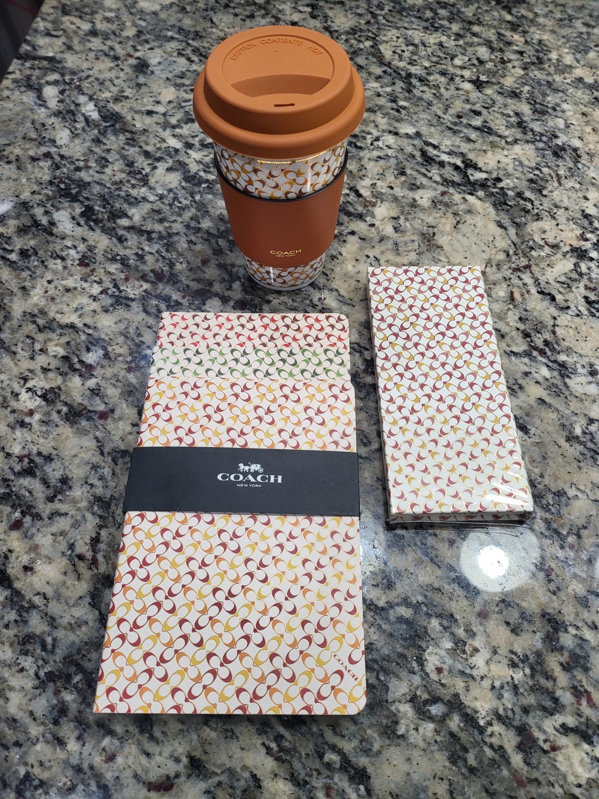 Coach Signature 3 Notebook Set With 10 different Color pencils & hot lidded cup