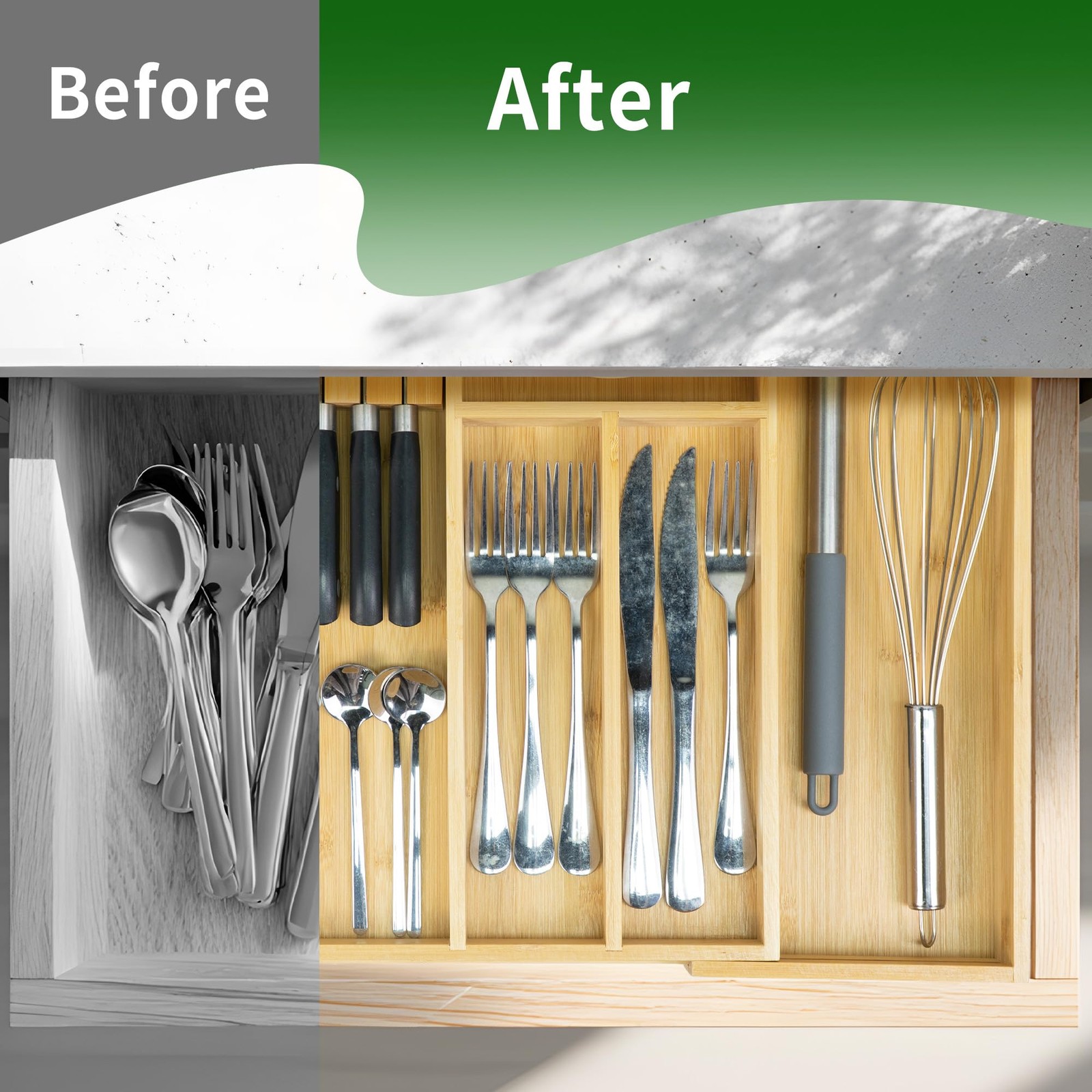 VaeFae Bamboo Silverware Drawer Organizer Kitchen, Expandable 6 Slot, Natural