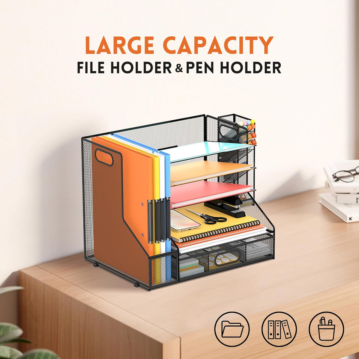Mesh Desk Organizer, 5-Tier Paper Letter Tray with File Holder & Pen Holder & Sl