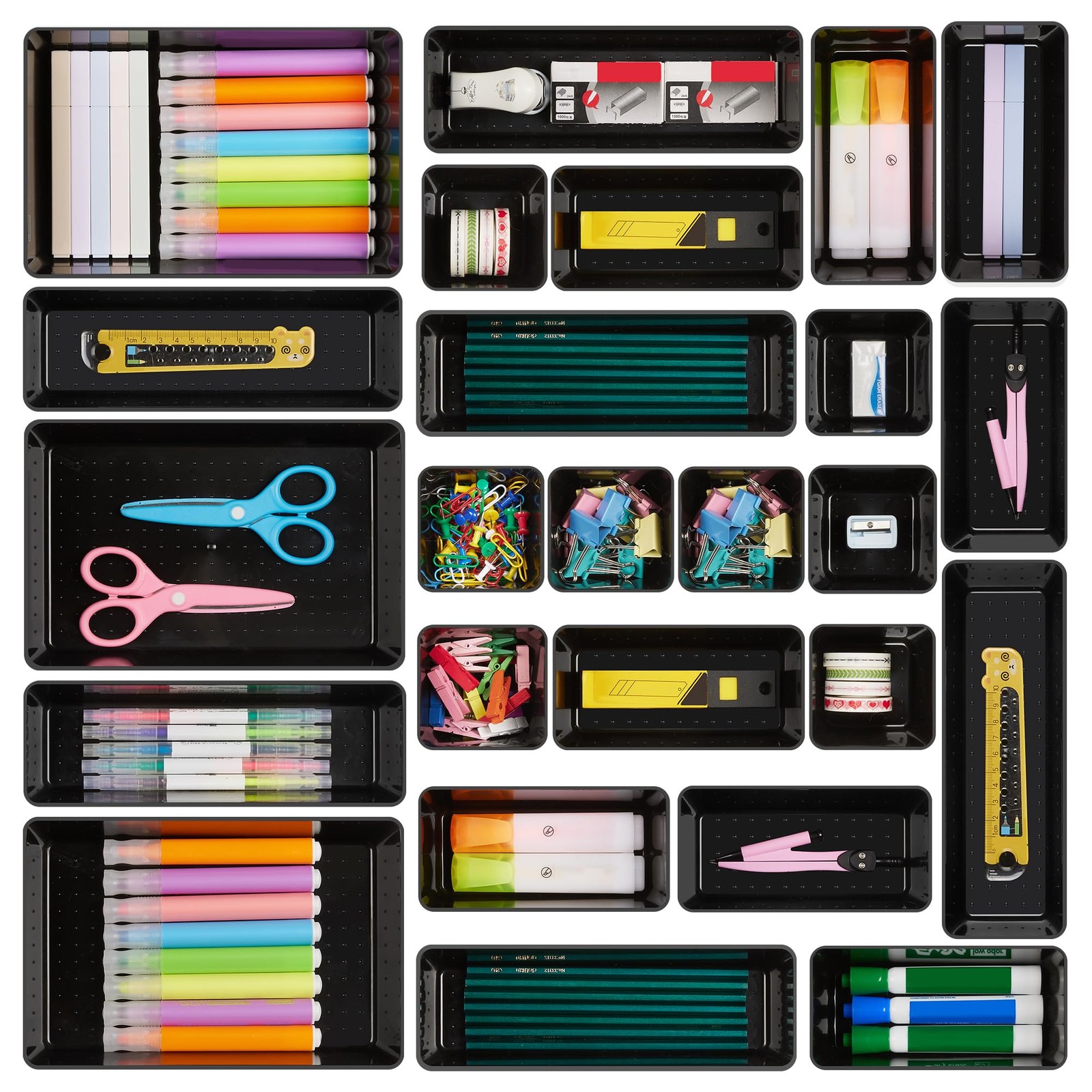 Vtopmart 25 PCS Office Desk Drawer Organizers Set, 4-Size Versatile Black