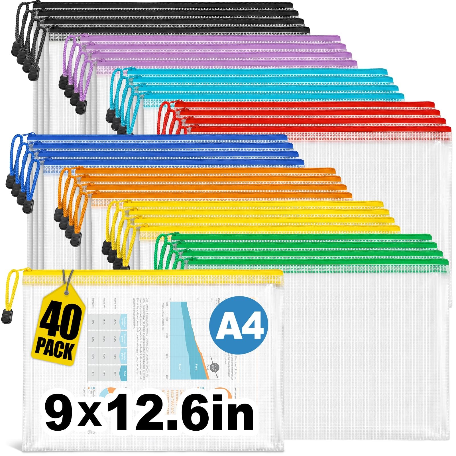 40 PCS A4 Letter Size Mesh Zipper Pouch Bags Waterproof File Folders 8 Colors