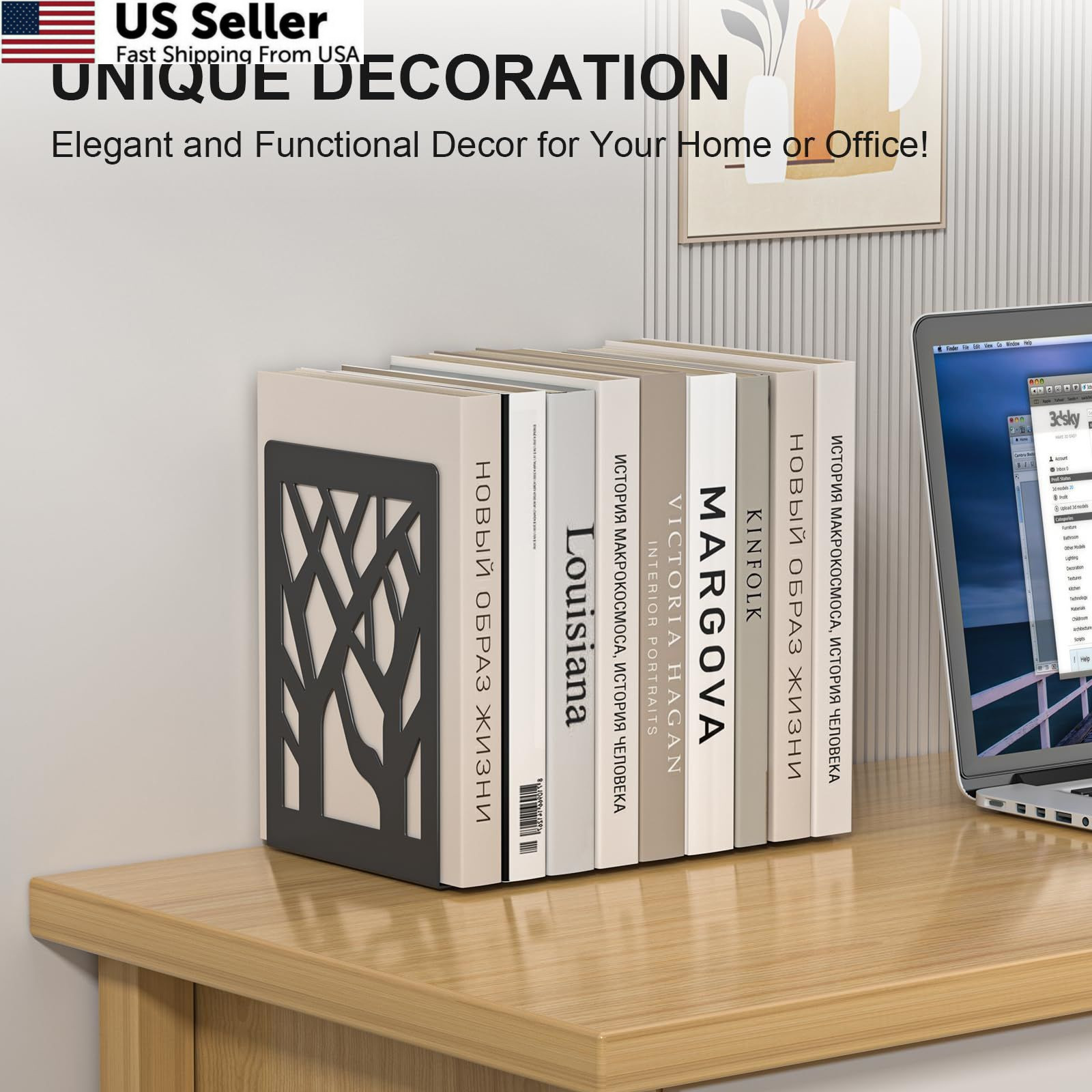 ALOTCHE Bookends 4 Pieces, Tree Design Modern Metal Black 4 Pieces