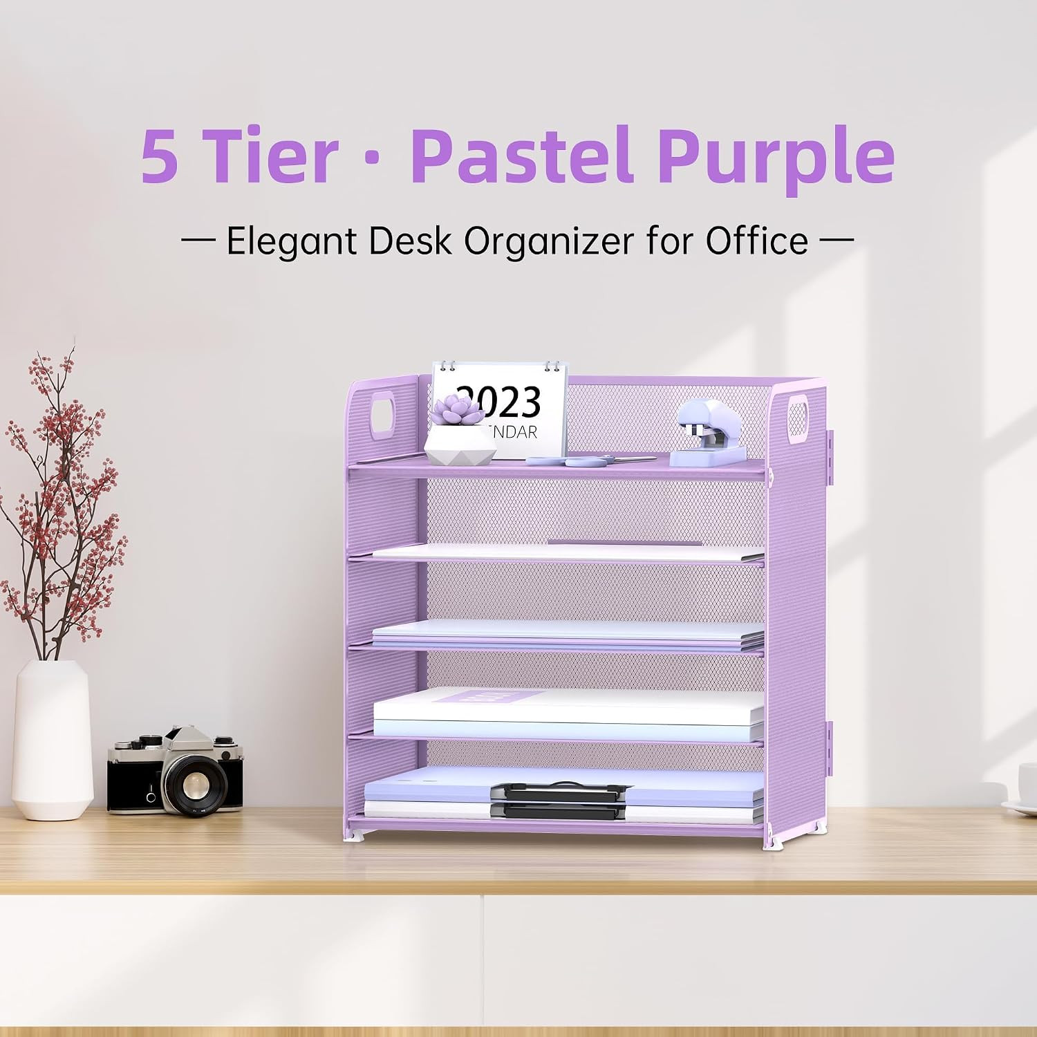 2 Pack 5-Tier Purple Desk Organizer with Handle Mesh Desk File/Paper Organizer L