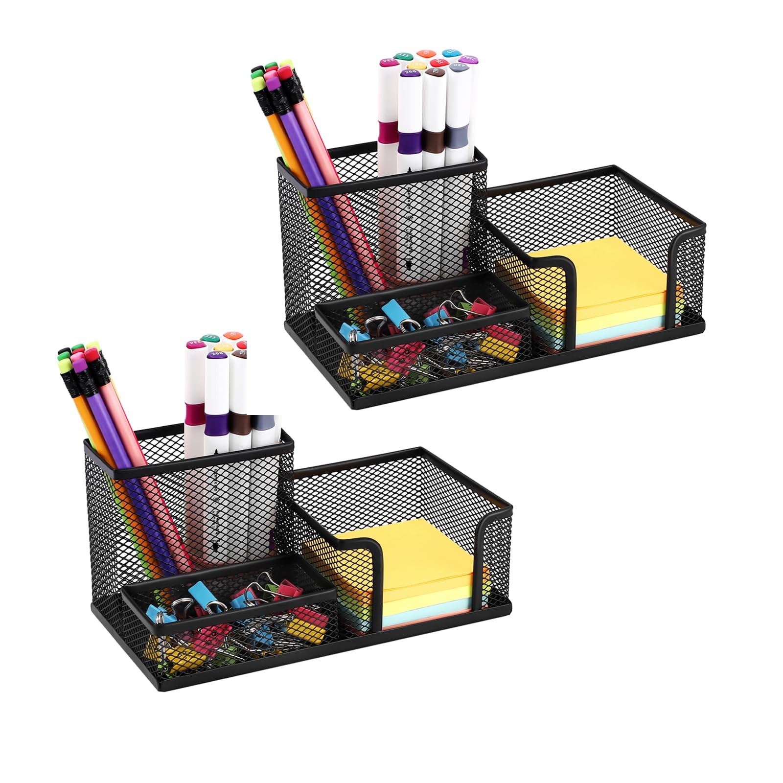 2-Piece Desk Pen Pencil Organizer Mesh Metal Cup Sticky Notes Holder Black