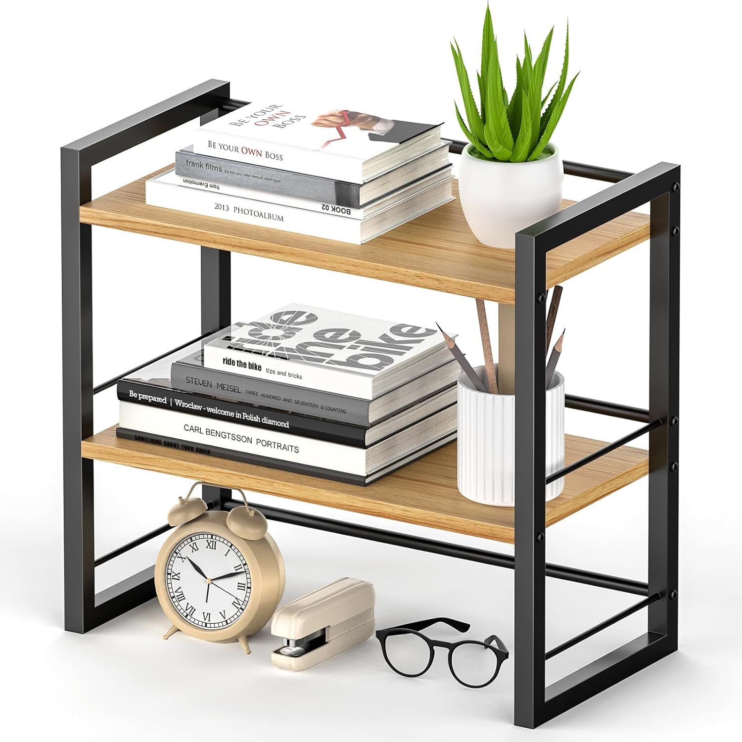 Office Desk Shelf Organizer, Wood Desktop Bookshelf Supplies Storage Black