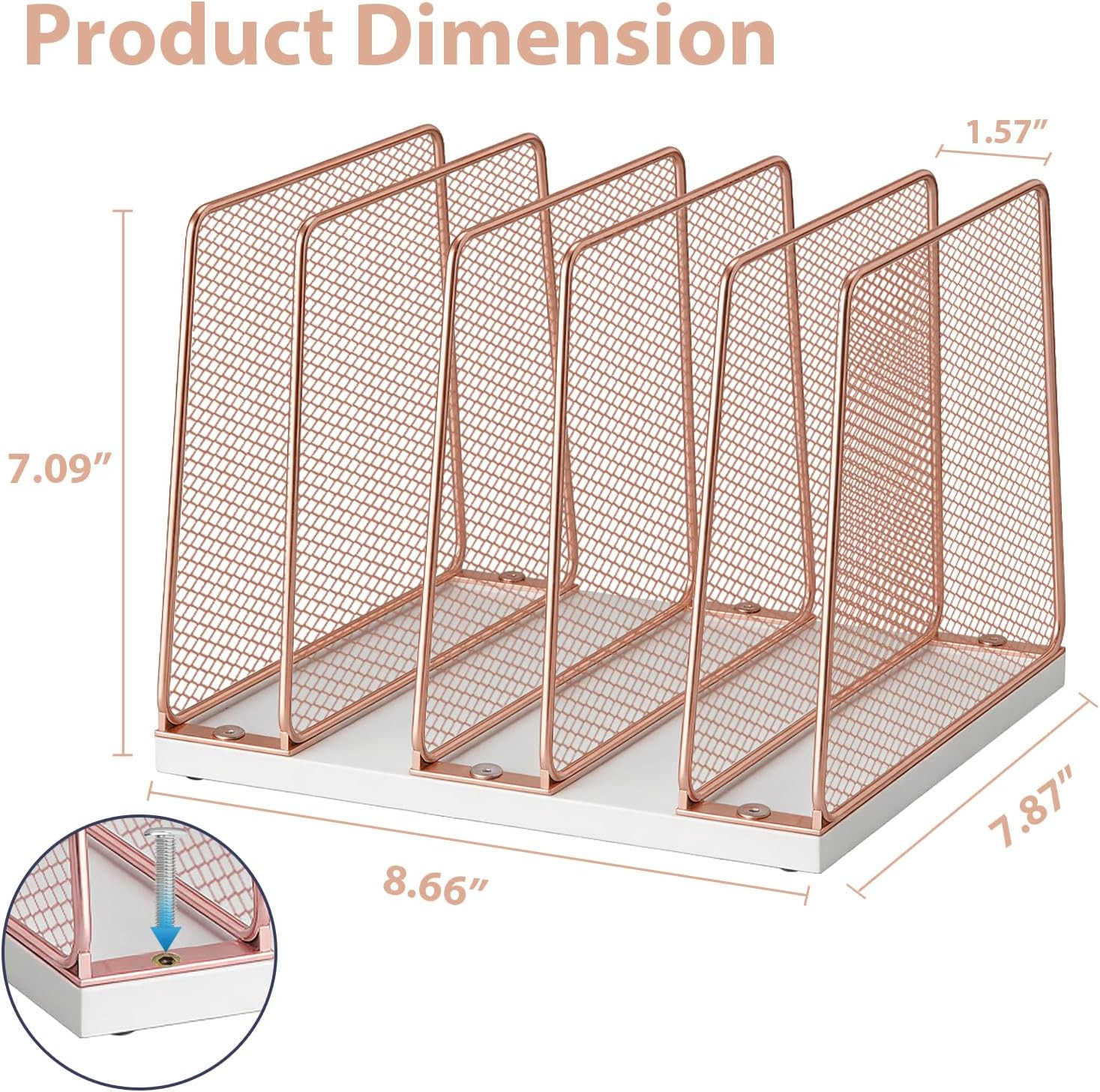 Rose Gold Desk File Organizer, 5-Section Upright File Sorter, Vertical File Fold