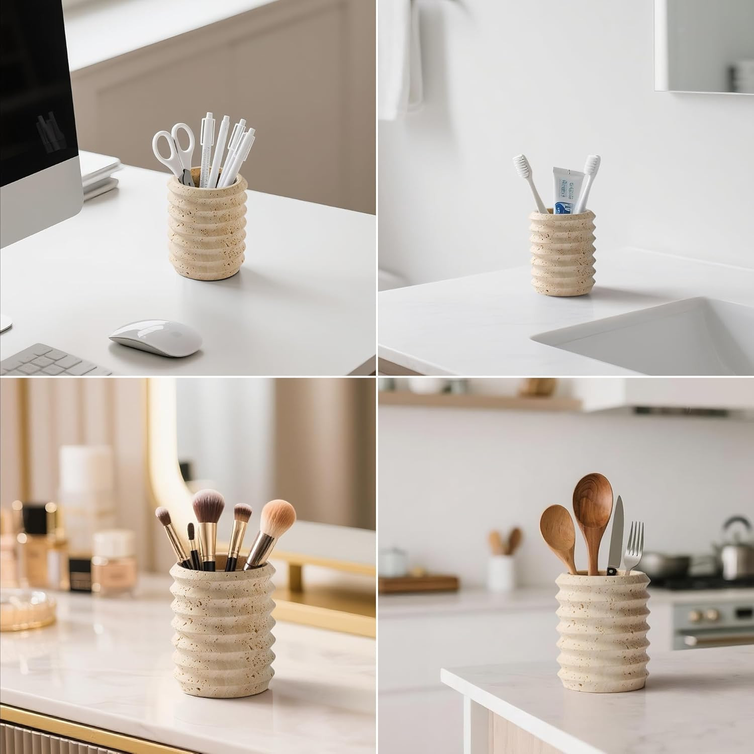 Pen Holder Stand for Desk, Natural Travertine Stone Makeup Brush Holders, Modern