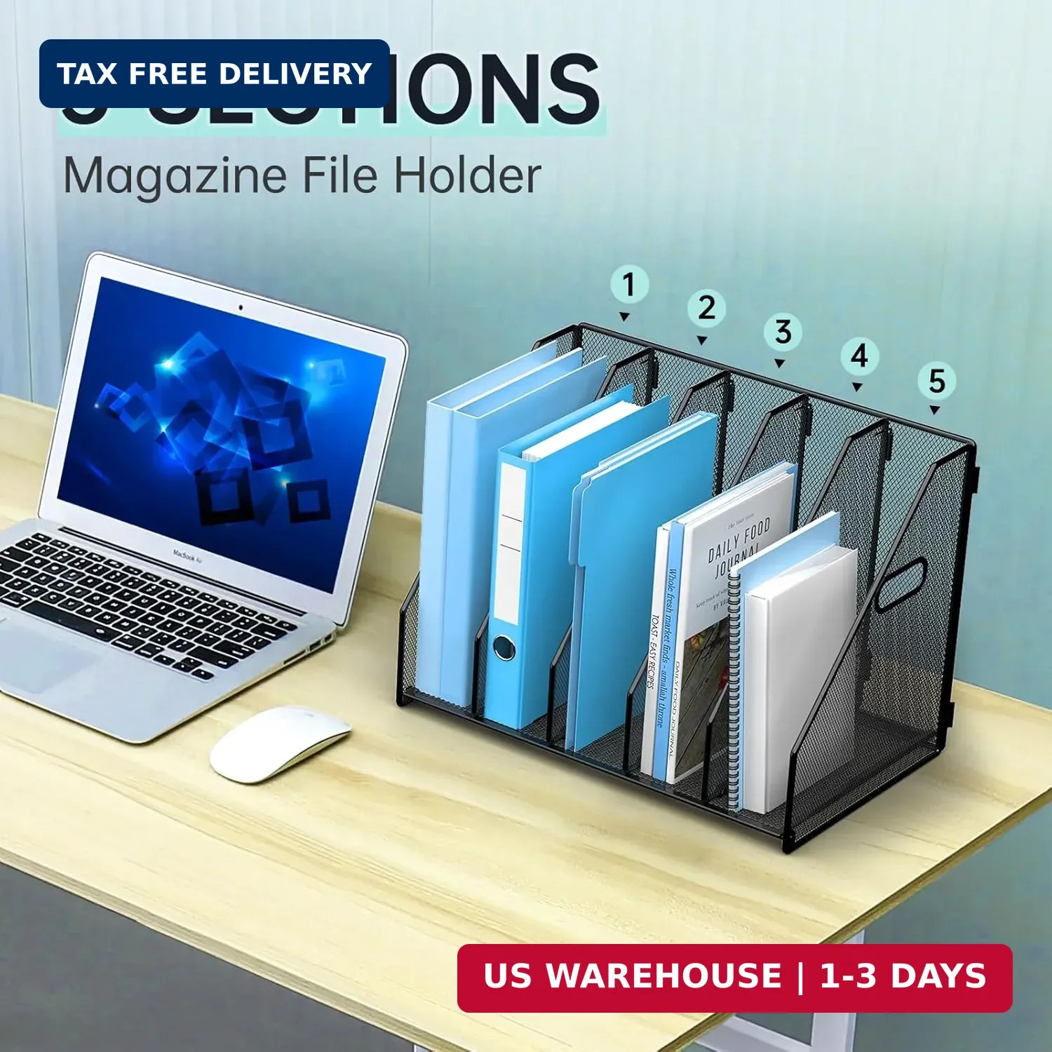 MINDEPOT Desk File Organizer Metal Desk Magazine Folder Holder with 5 Vertical C