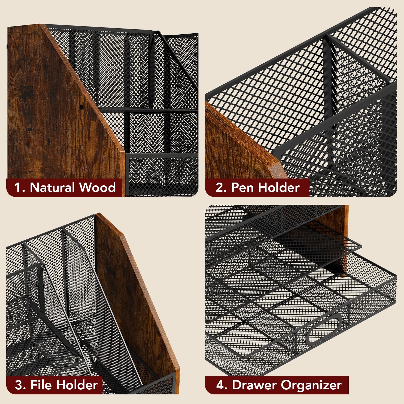 Homsorout Wooden Desk Organizer – Mesh File with Black and Brown