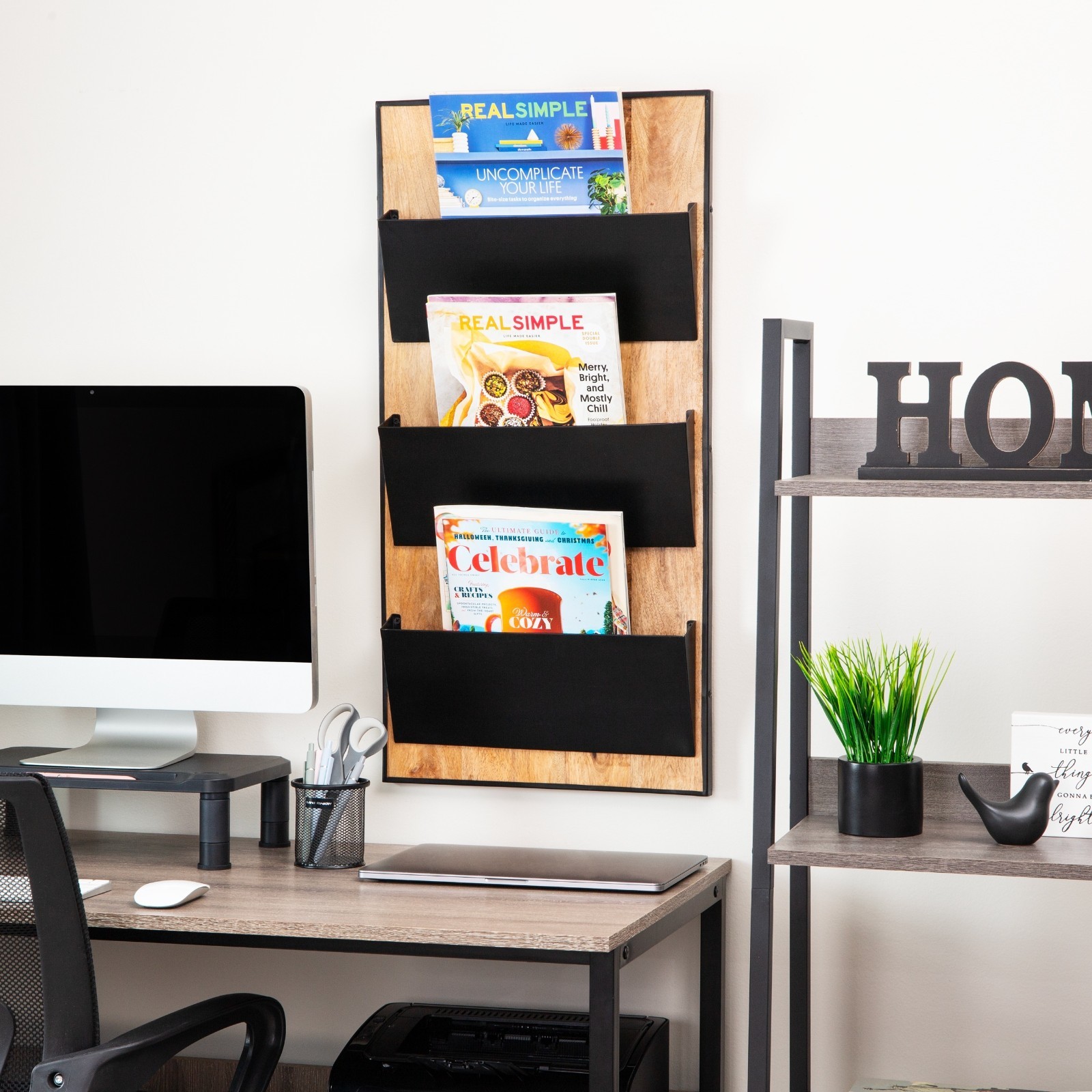 3-Tier Wall-Mounted File Organizer, Wood and Metal Vertical Rack, Black